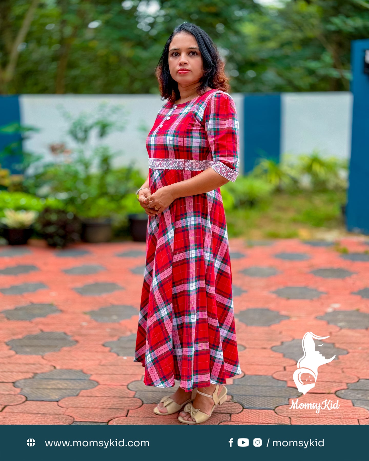 Christmas Tartan Red Half Sleeve Cotton Dress | MK-MW-1022