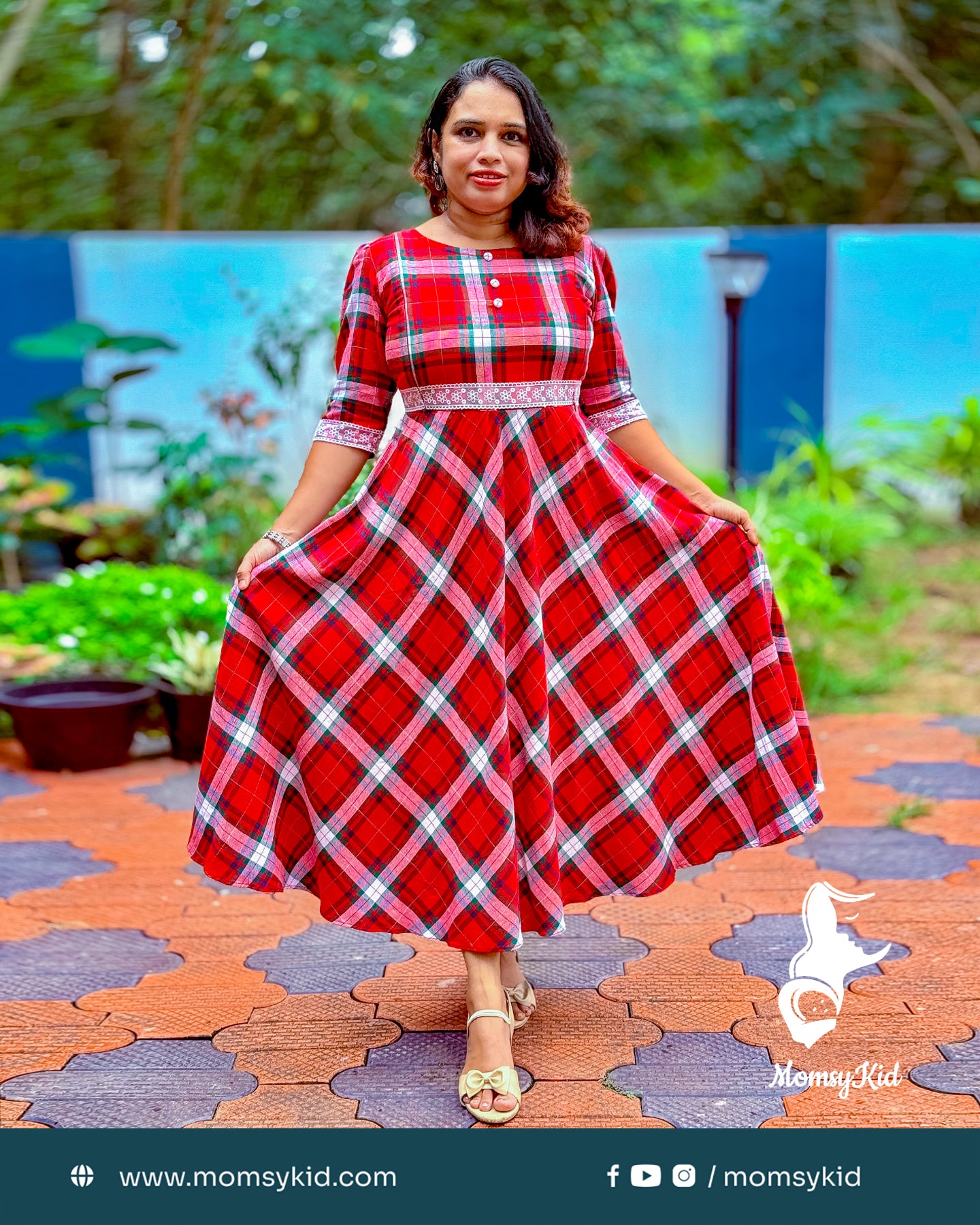 Christmas Tartan Red Half Sleeve Cotton Dress | MK-MW-1022