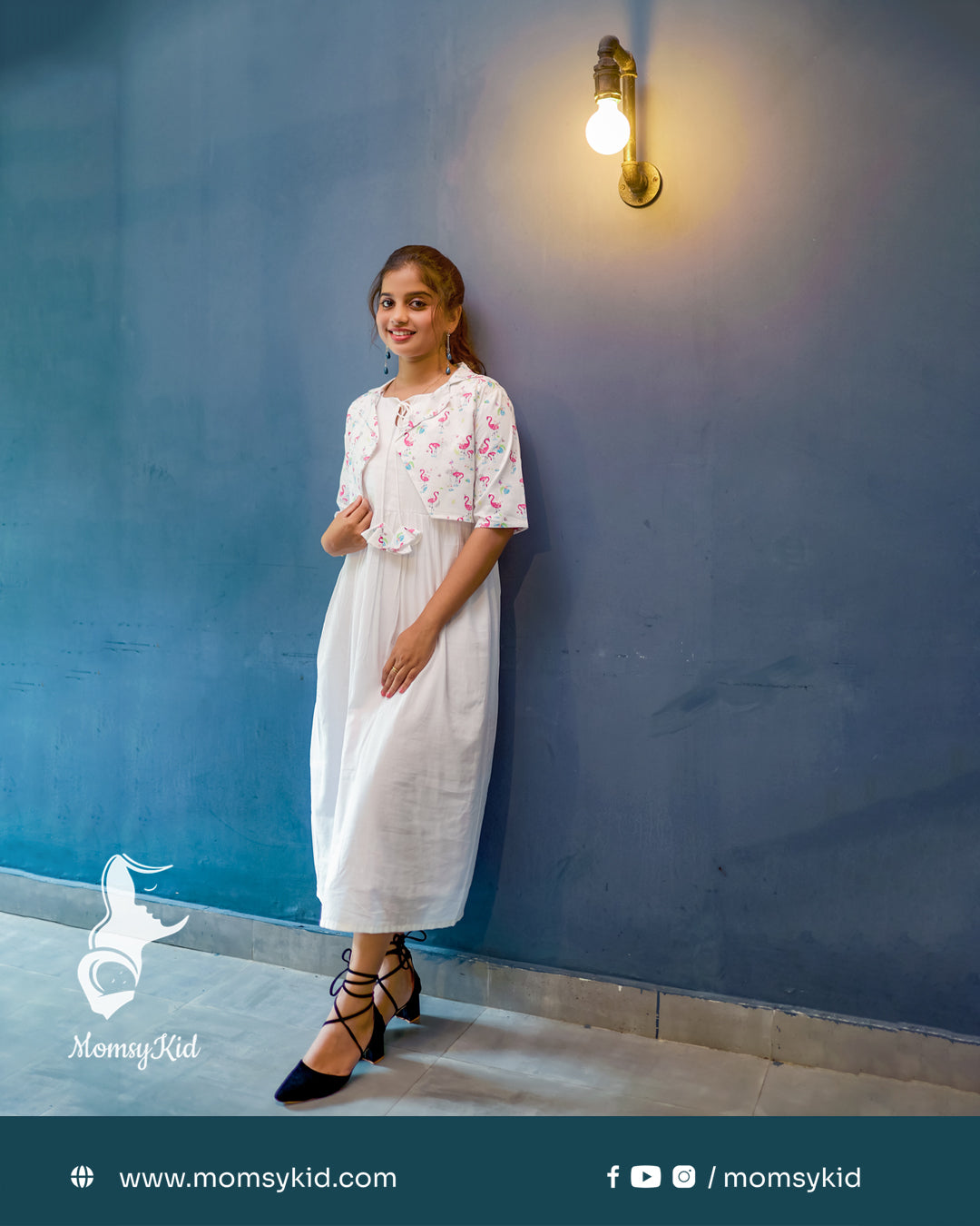 White Dobby Rayon Midi Length Dress with Flamingo Overcoat