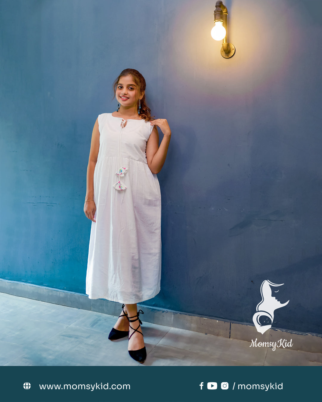 White Dobby Rayon Midi Length Dress with Flamingo Overcoat