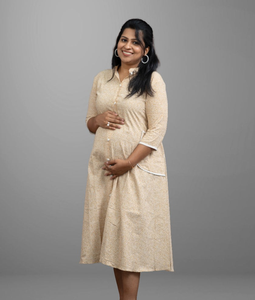 Mustard Yellow circle white print cotton full open dress