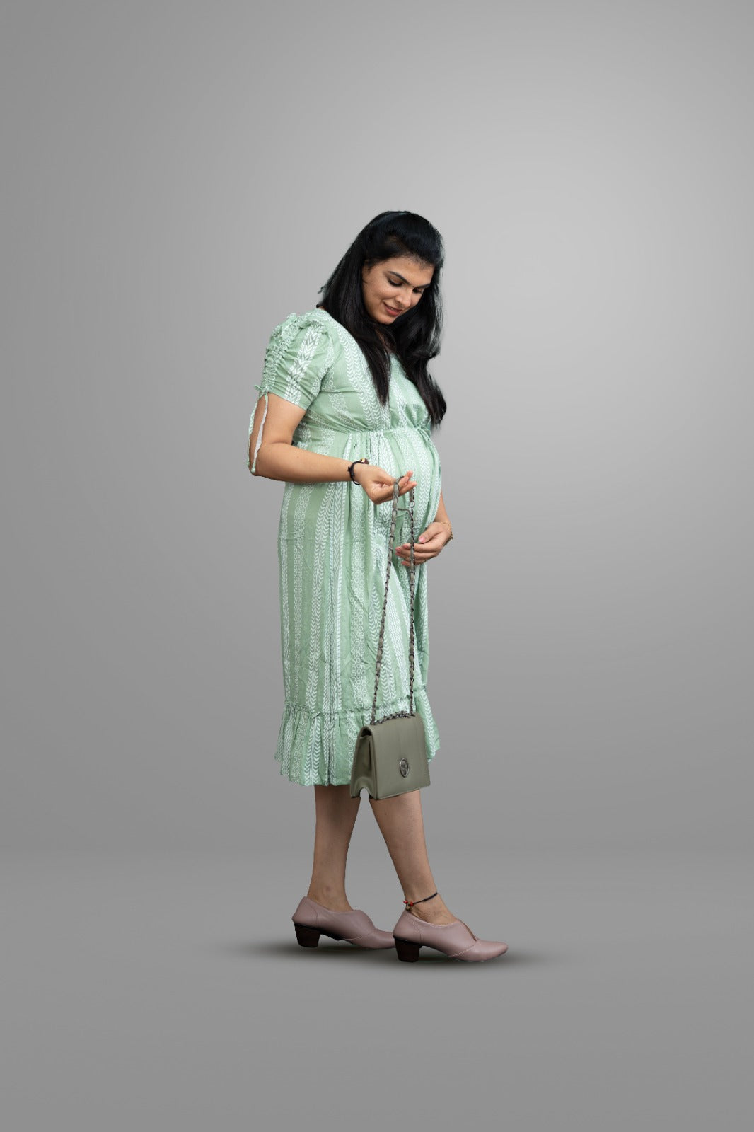 Pastel green white printed dress with adjustable waist band