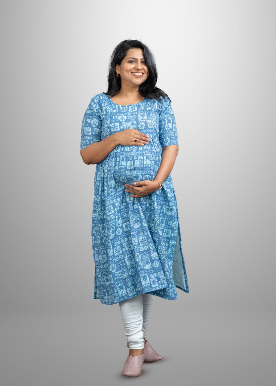 Blue block print cotton kurthi with slit | MK-MW-1032