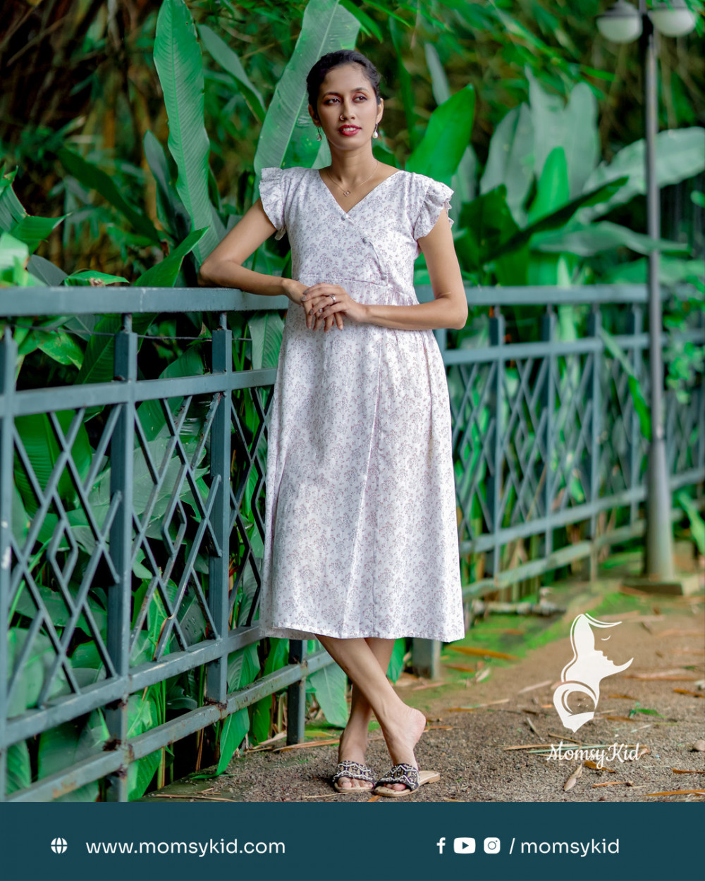 White Floral Print Midi Length Cotton Dress