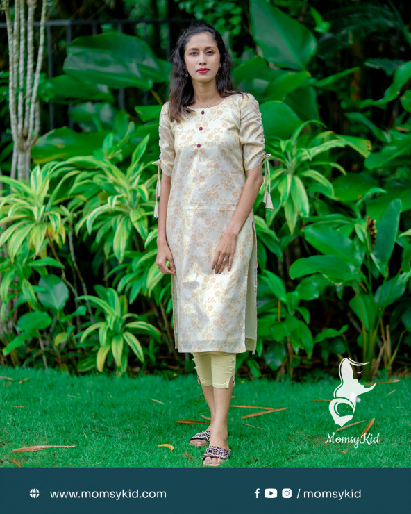 Golden Kasavu Floral Kurthi with Ajarak overcoat