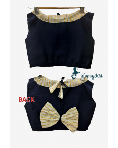 Navy blue jute top paired with striped tissue skirt