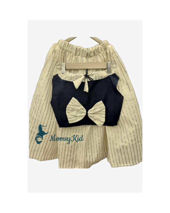 Navy blue jute top paired with striped tissue skirt