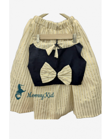 Navy blue jute top paired with striped tissue skirt