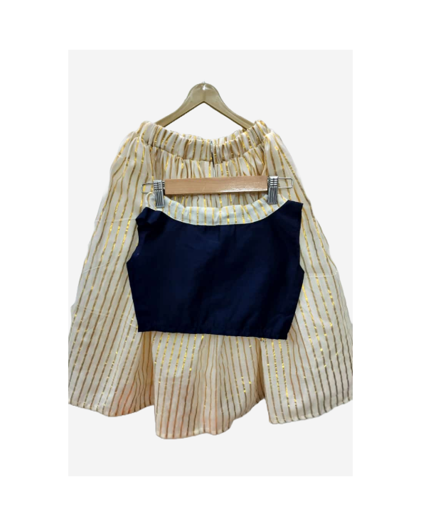 Navy blue jute top paired with striped tissue skirt