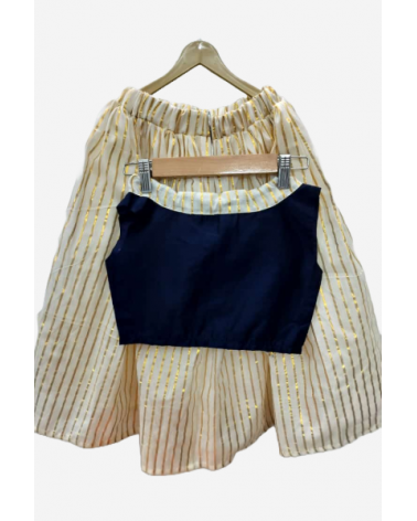 Navy blue jute top paired with striped tissue skirt