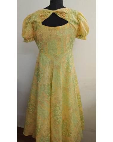 Yellow floral frock with designer yoke and short balloon sleeves