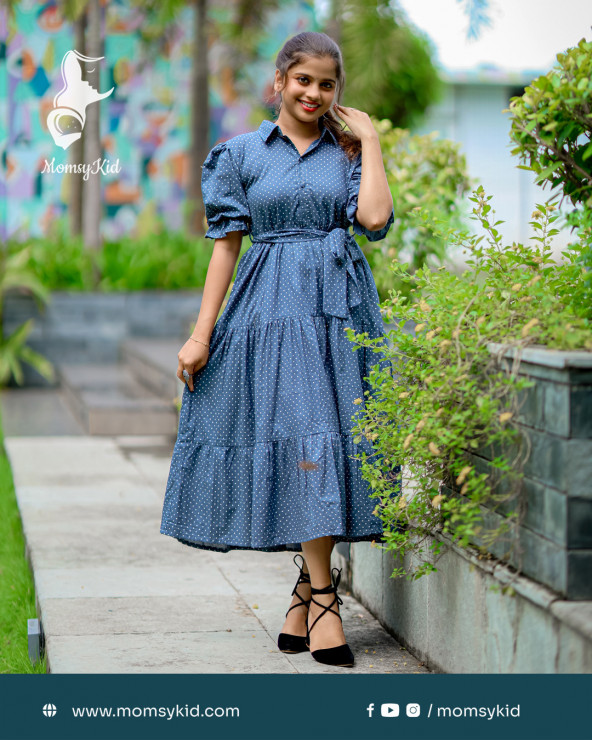 Three tier dress in dark gray in cotton material in sky theme