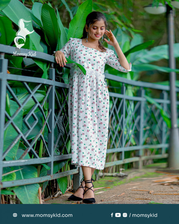 Garden themed beautiful white dress with lace and asymmetric neckline