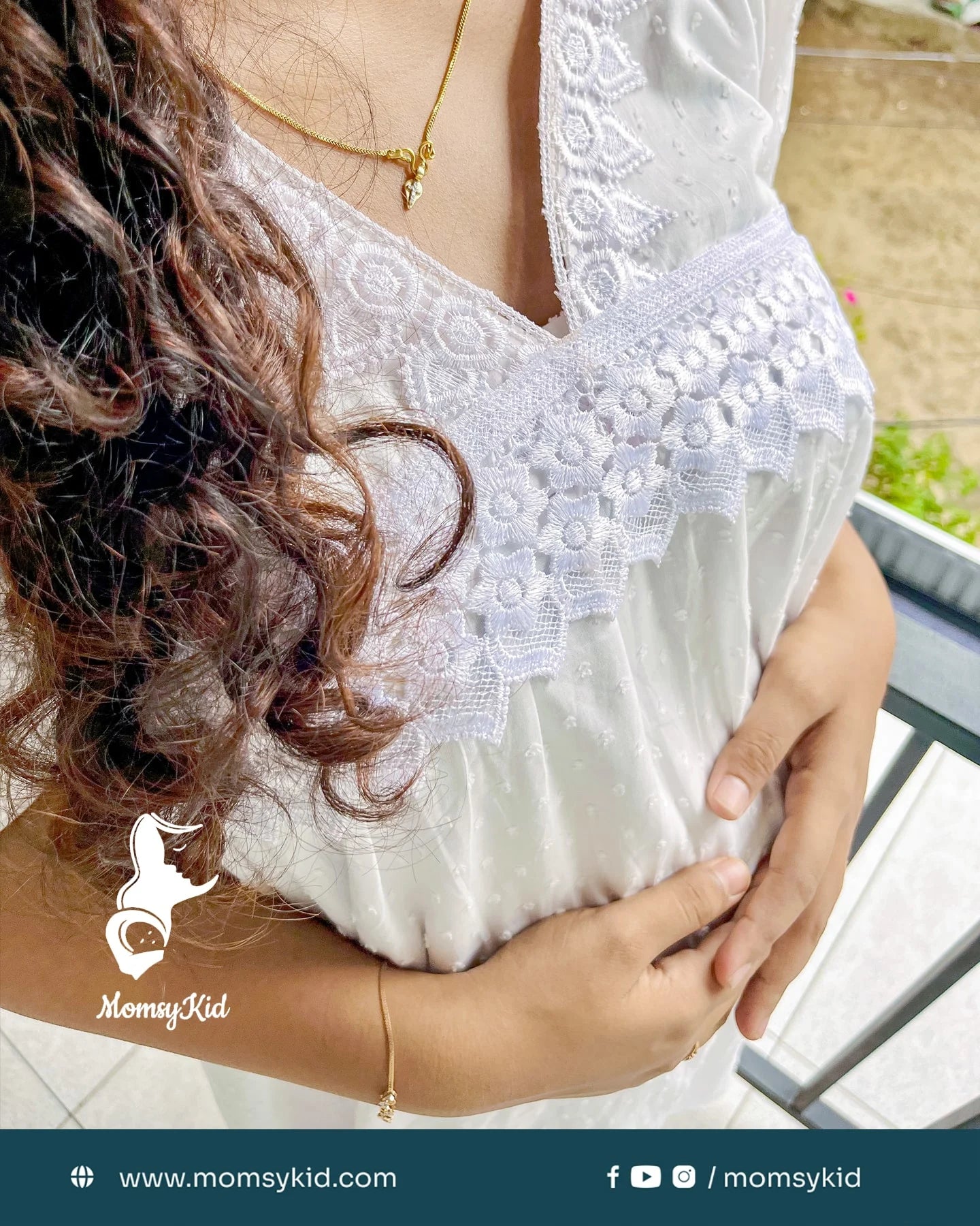 White  Alia Cut Butta Cotton Midi Length Laced Dress as Maternity and Feeding Wear