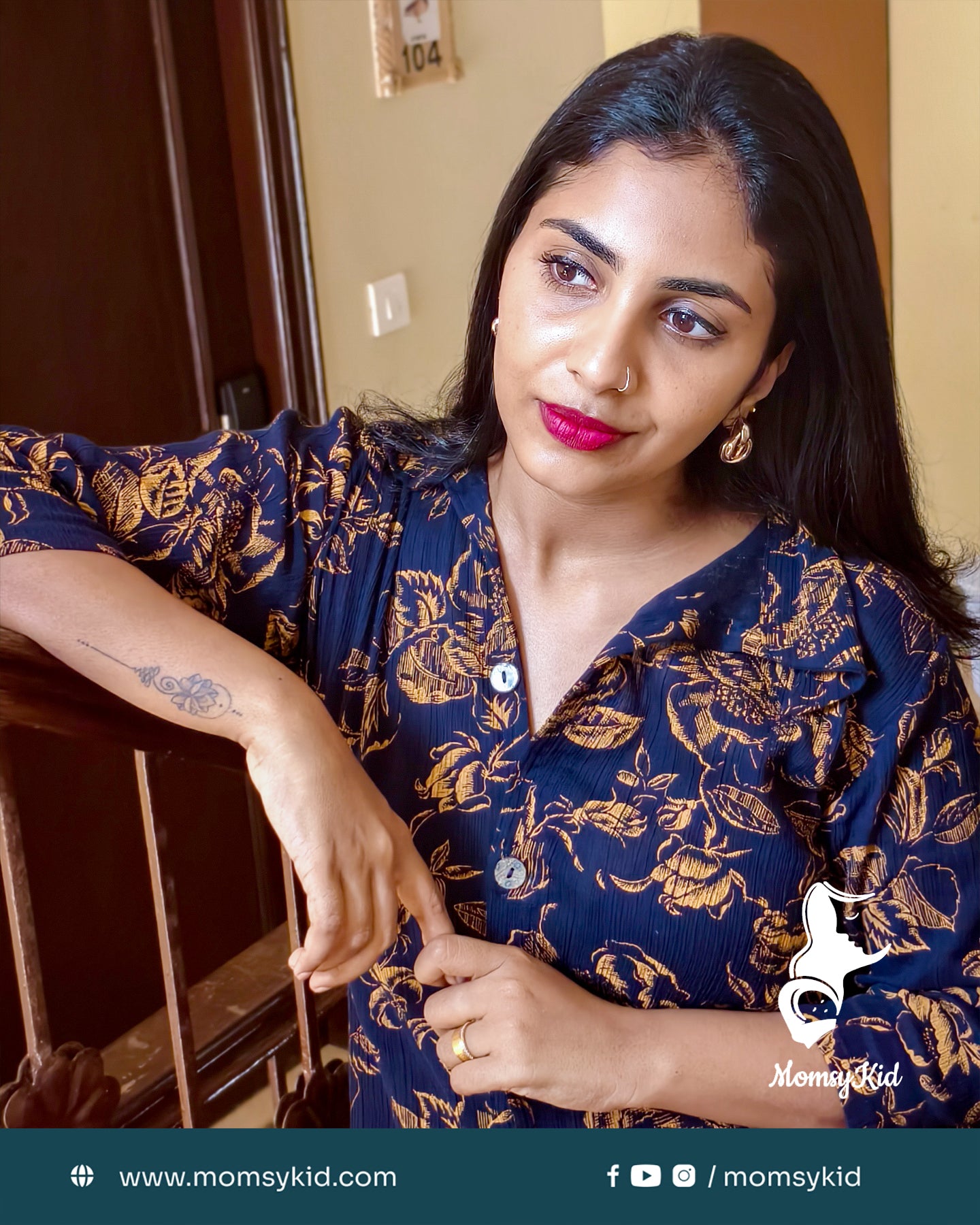 Midnight Bloom: Copperish Floral Print on Navy Blue Crushed Rayon long Kurti | MK-MW-1020