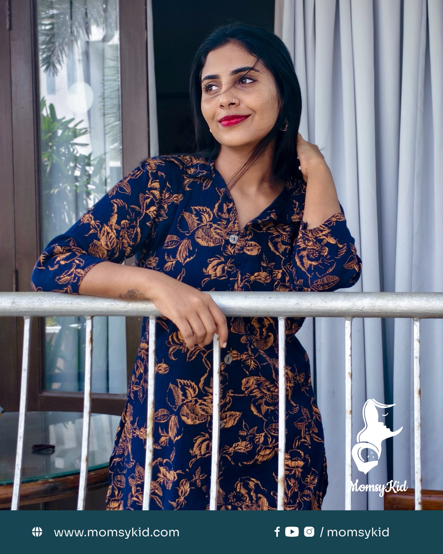 Midnight Bloom: Copperish Floral Print on Navy Blue Crushed Rayon long Kurti