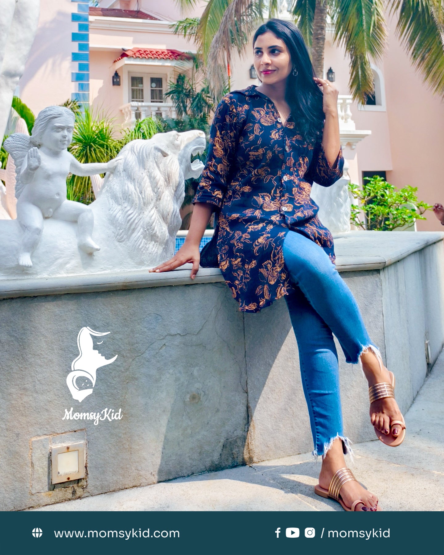 Midnight Bloom: Copperish Floral Print on Navy Blue Crushed Rayon long Kurti