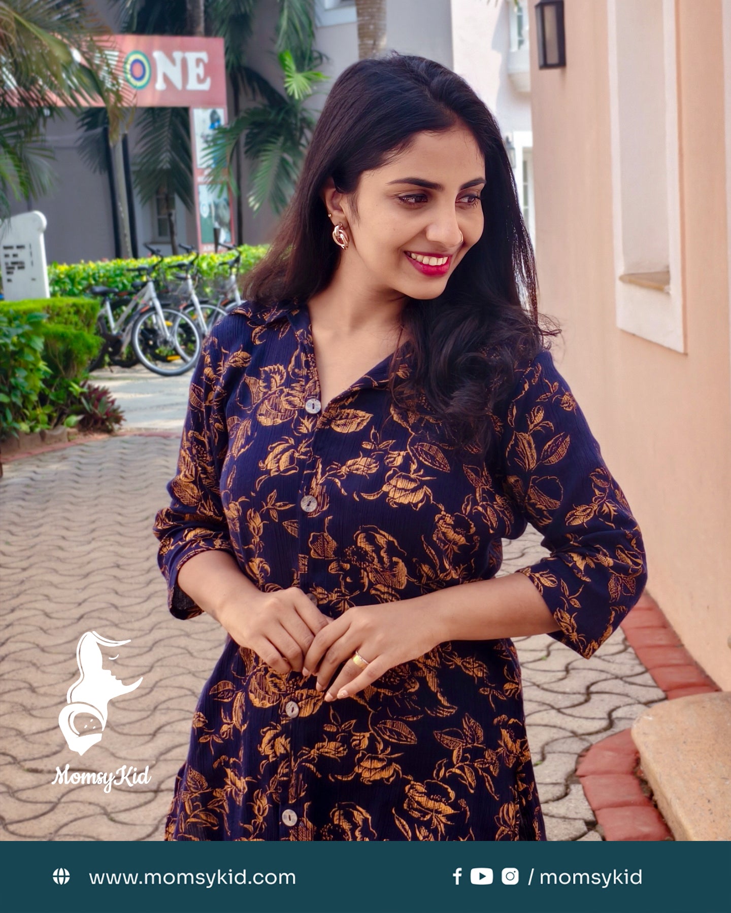 Midnight Bloom: Copperish Floral Print on Navy Blue Crushed Rayon long Kurti | MK-MW-1020
