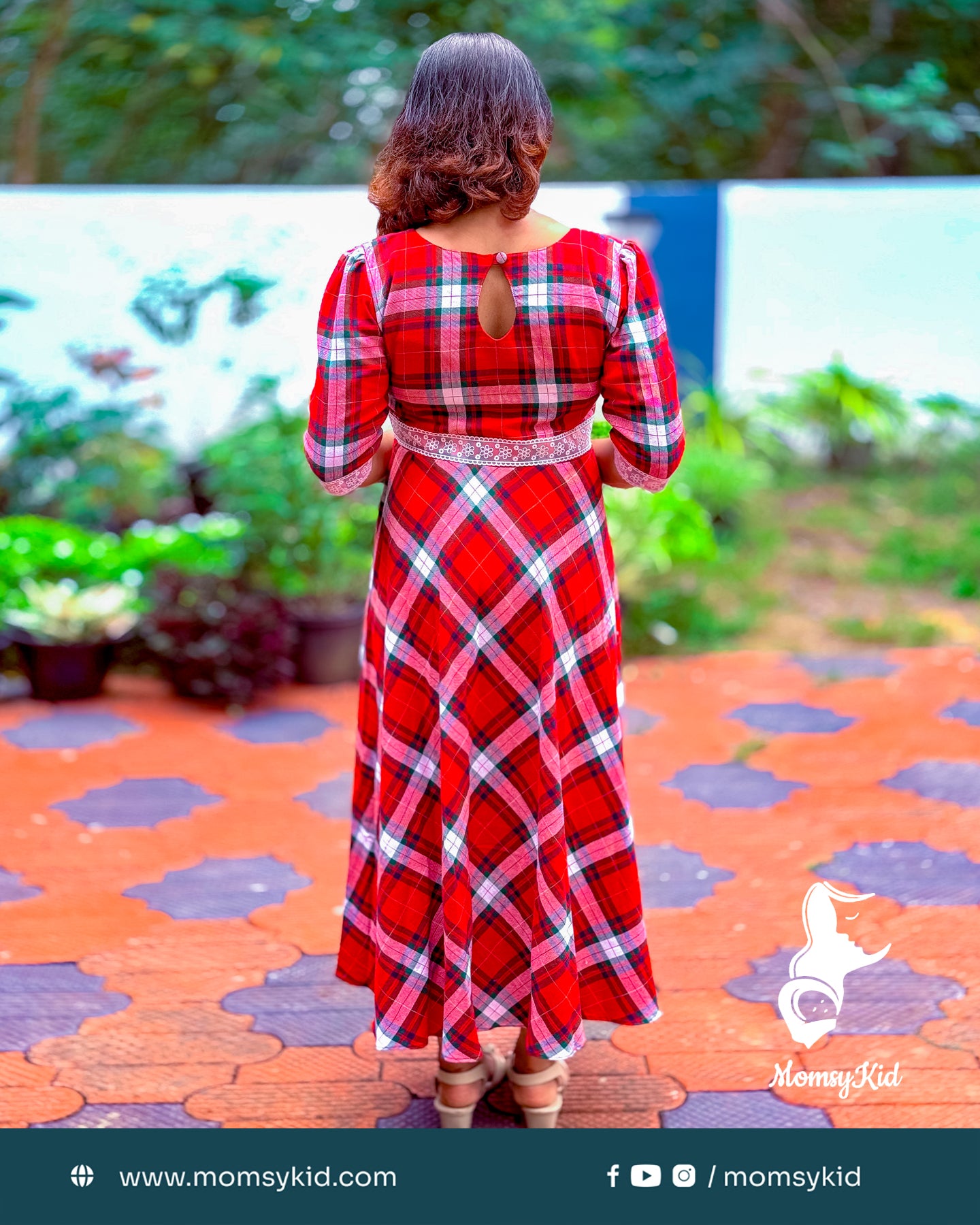 Christmas Tartan Red Half Sleeve Cotton Dress | MK-MW-1022