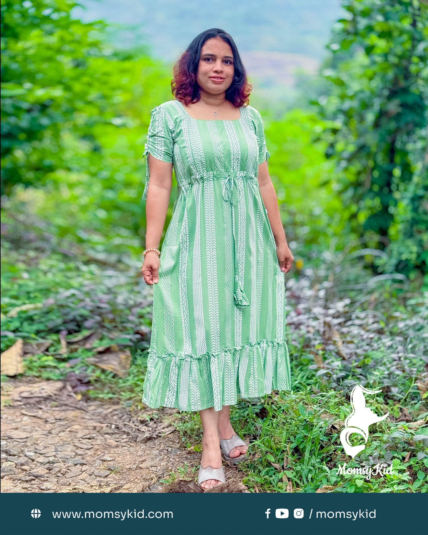 Pastel green white printed dress with adjustable waist band