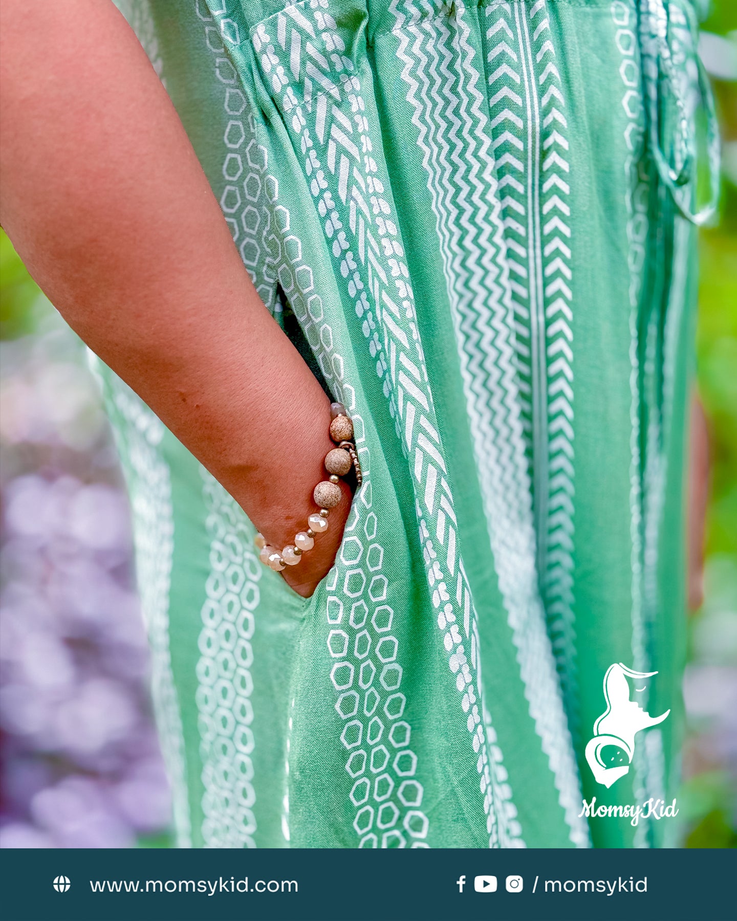 Pastel green white printed dress with adjustable waist band