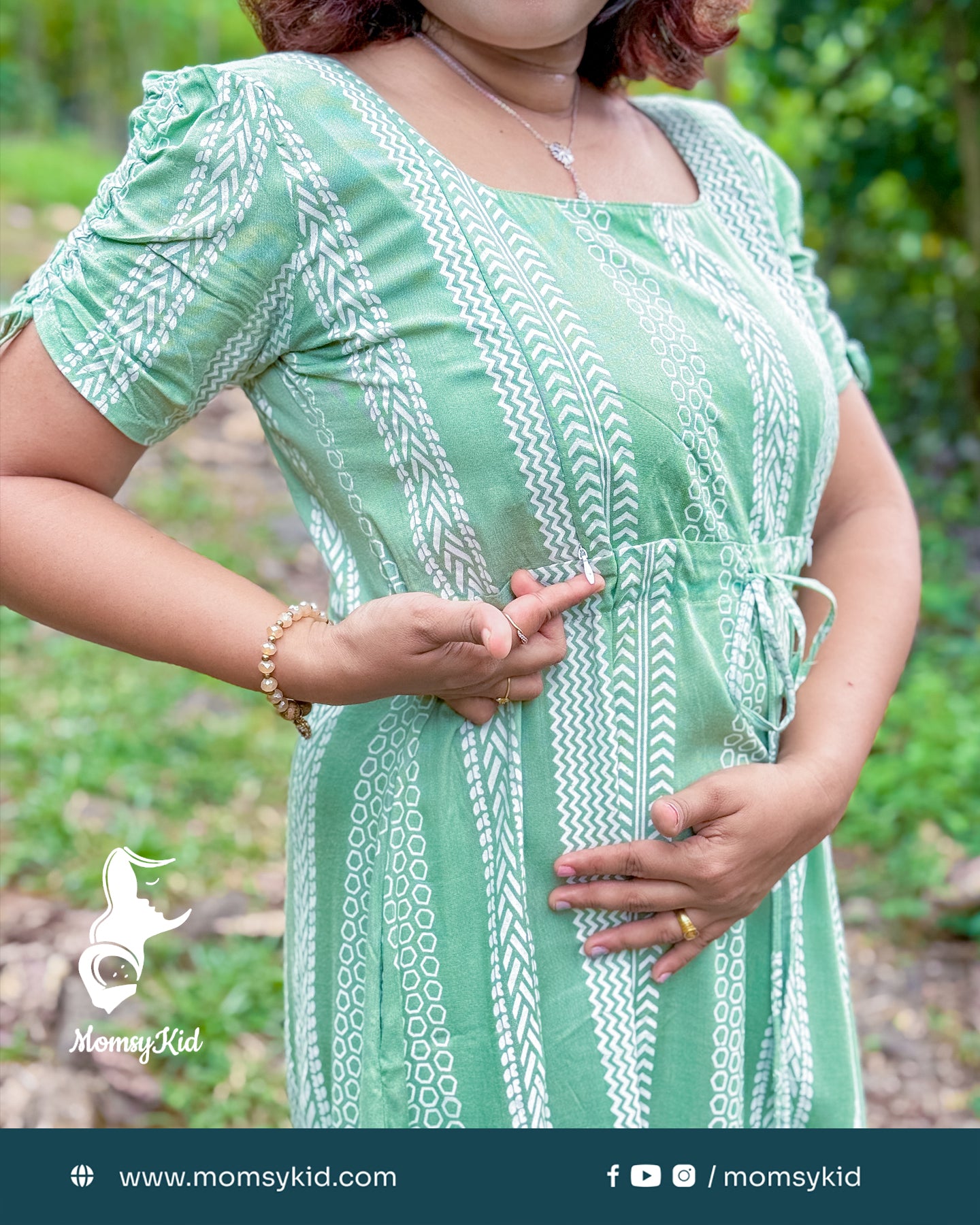 Pastel green white printed dress with adjustable waist band