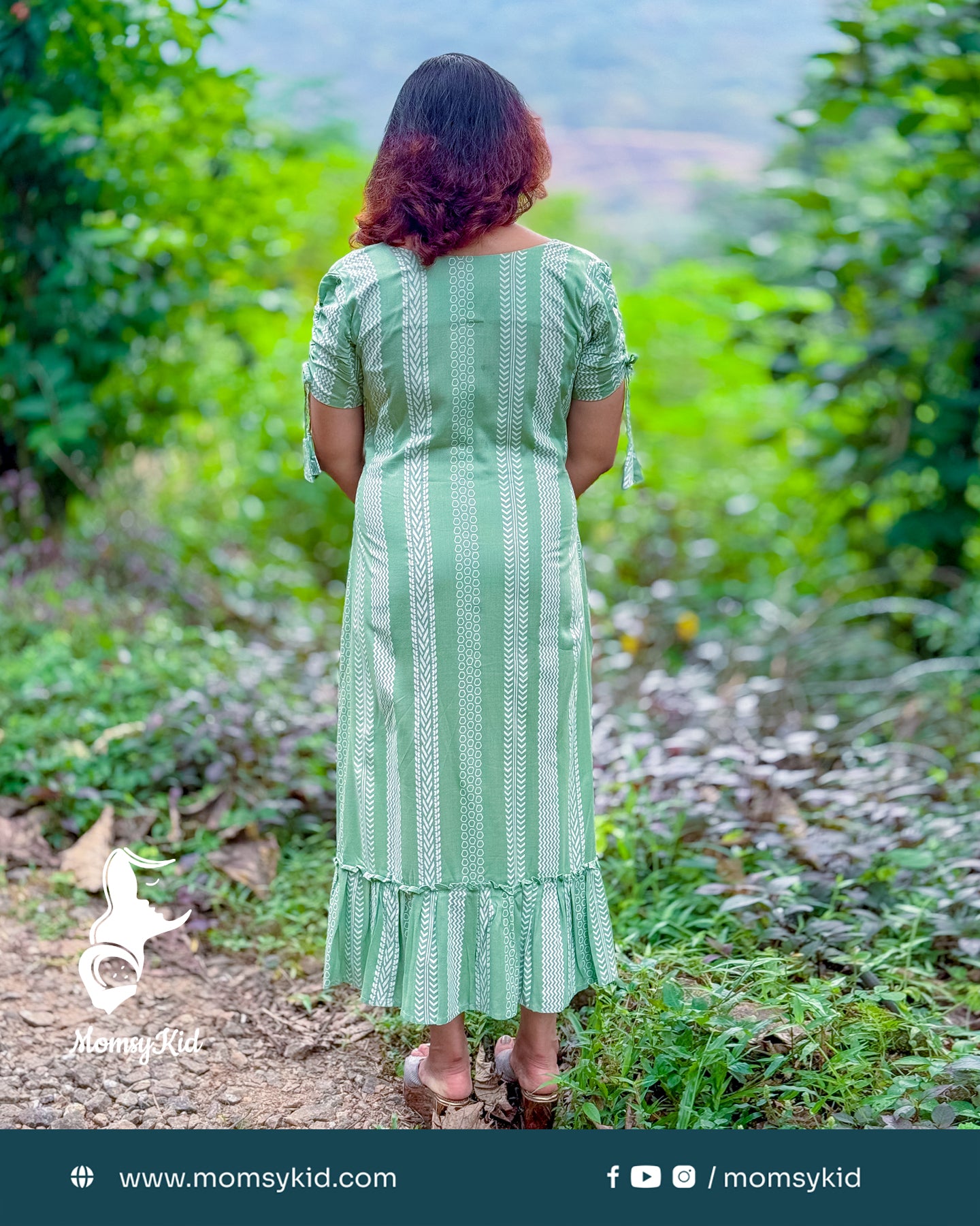 Pastel green white printed dress with adjustable waist band