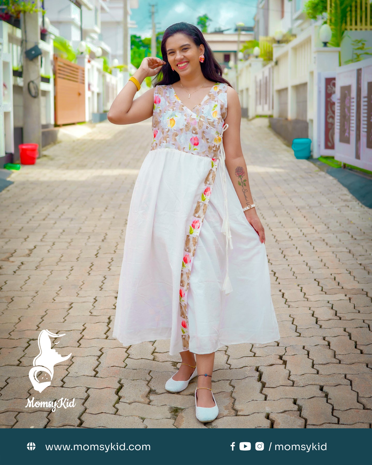 Ethereal Bloom Wrap Dress- Dobby Rayon White Wrap Model Dress with Floral Net Design