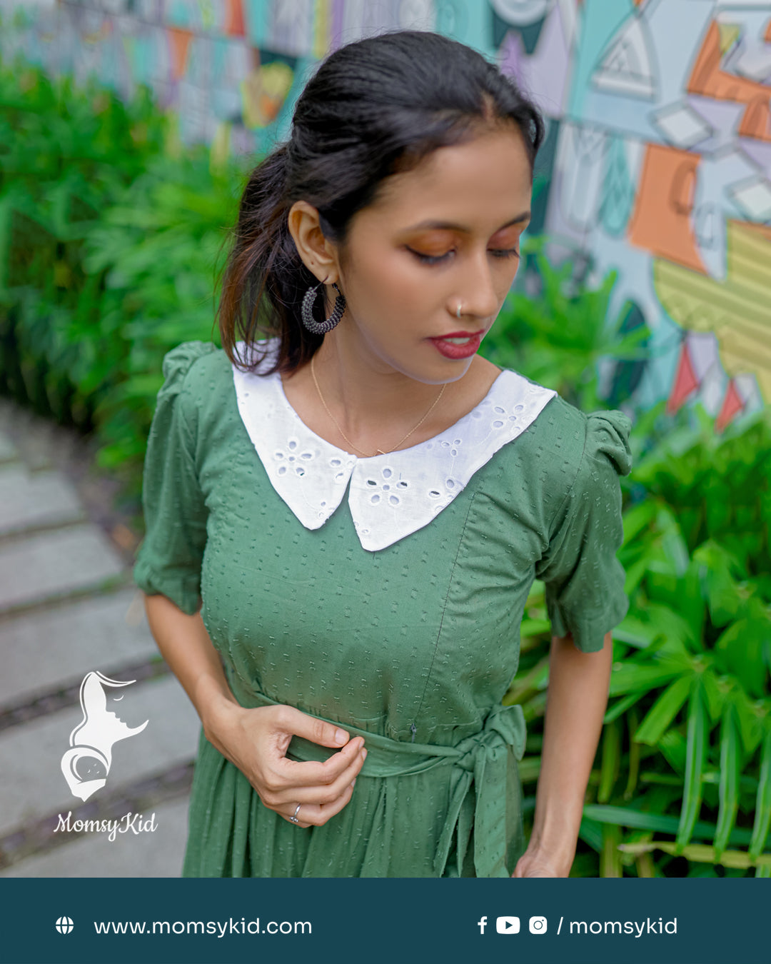 Olive Green Butta Cotton with Hacoba Peter Pan Collar