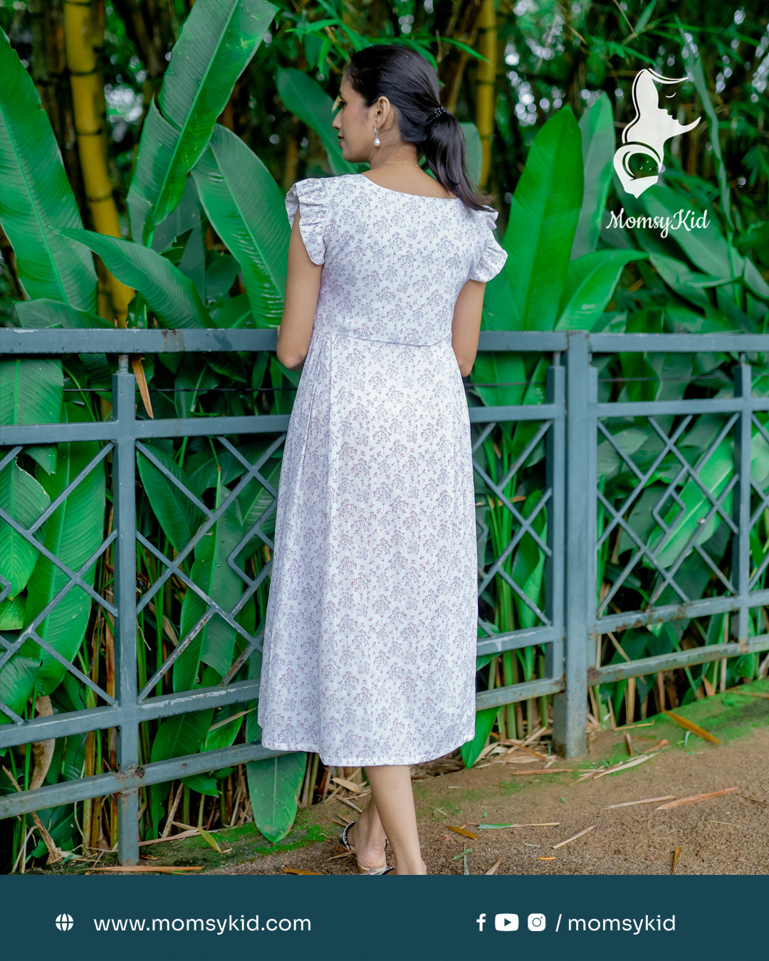 White Floral Print Midi Length Cotton Dress