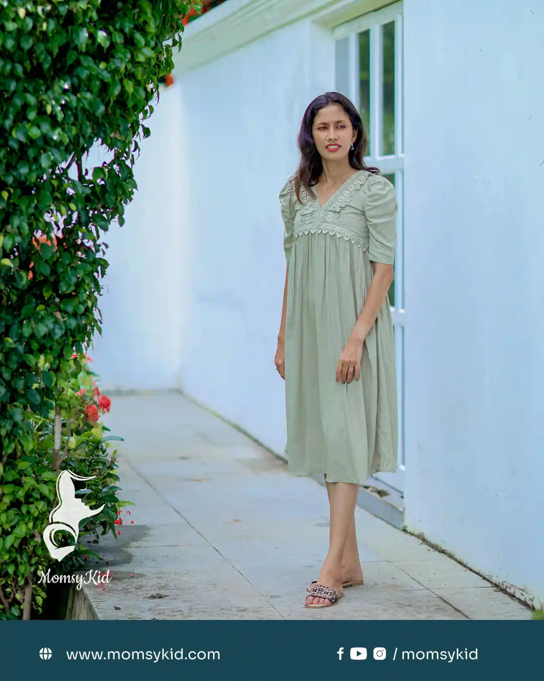 Light Pastel Green Alia Cut Rayon Midi length Laced Dress