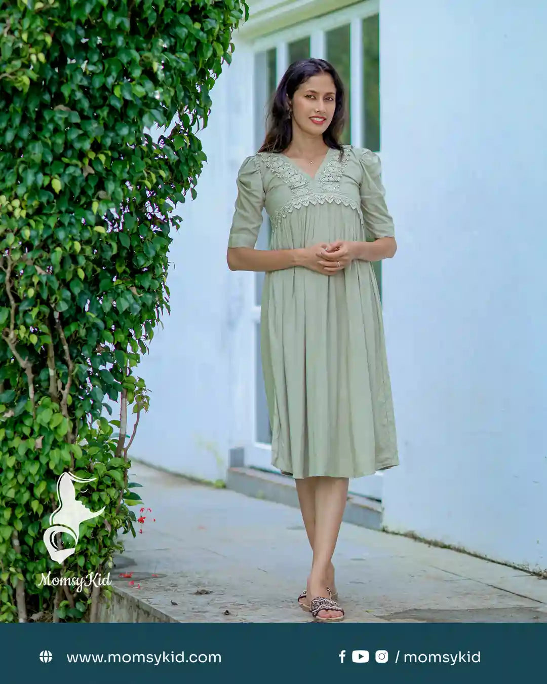 Light Pastel Green Alia Cut Rayon Midi length Laced Dress