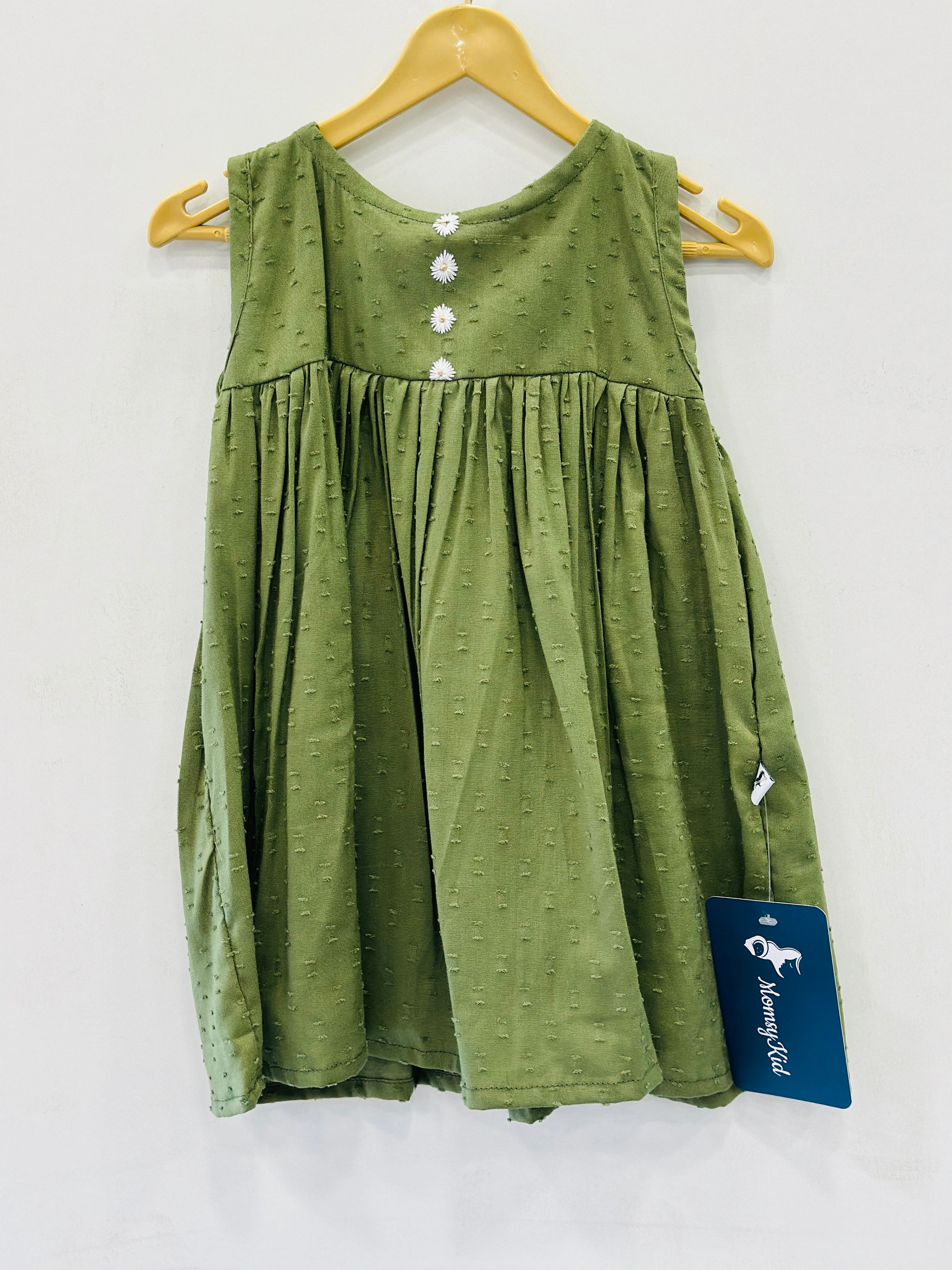Butta Cotton Olive Green Frock With Hand Embroidery (6-12 Months)| MK-GW-1008