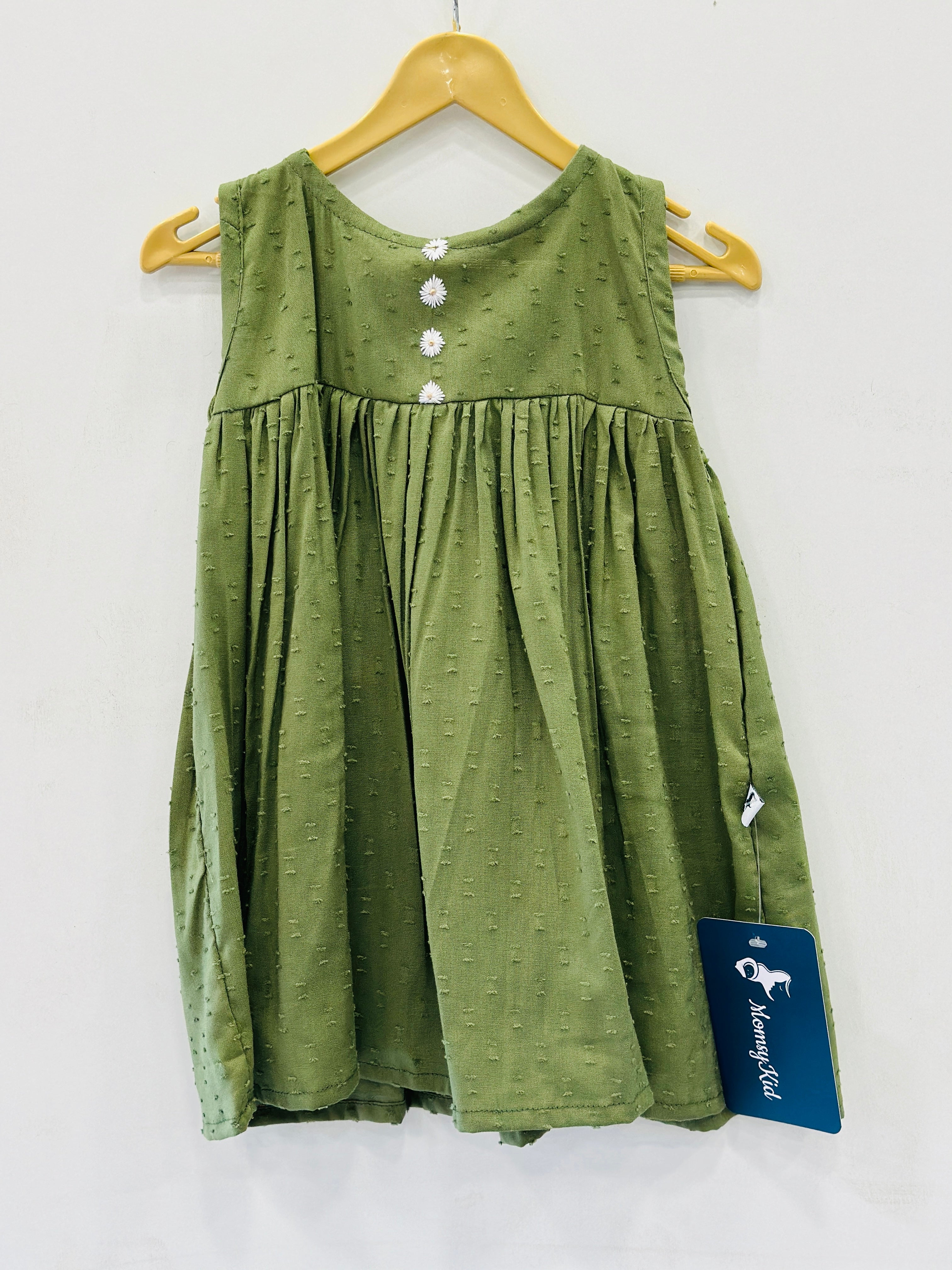 Butta Cotton Olive Green Frock With Hand Embroidery (6-12 Months)| MK-GW-1008