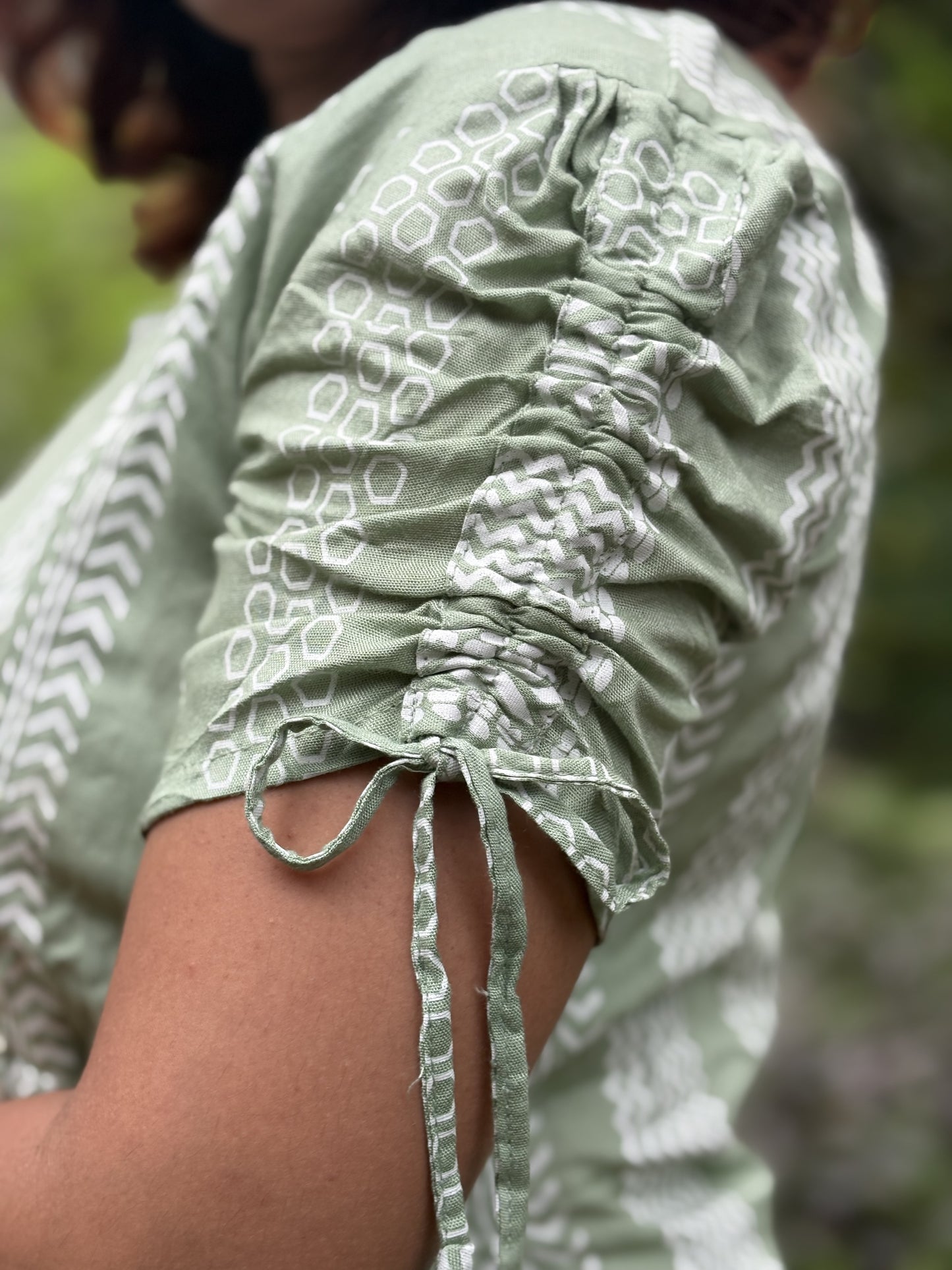 Pastel green white printed dress with adjustable waist band