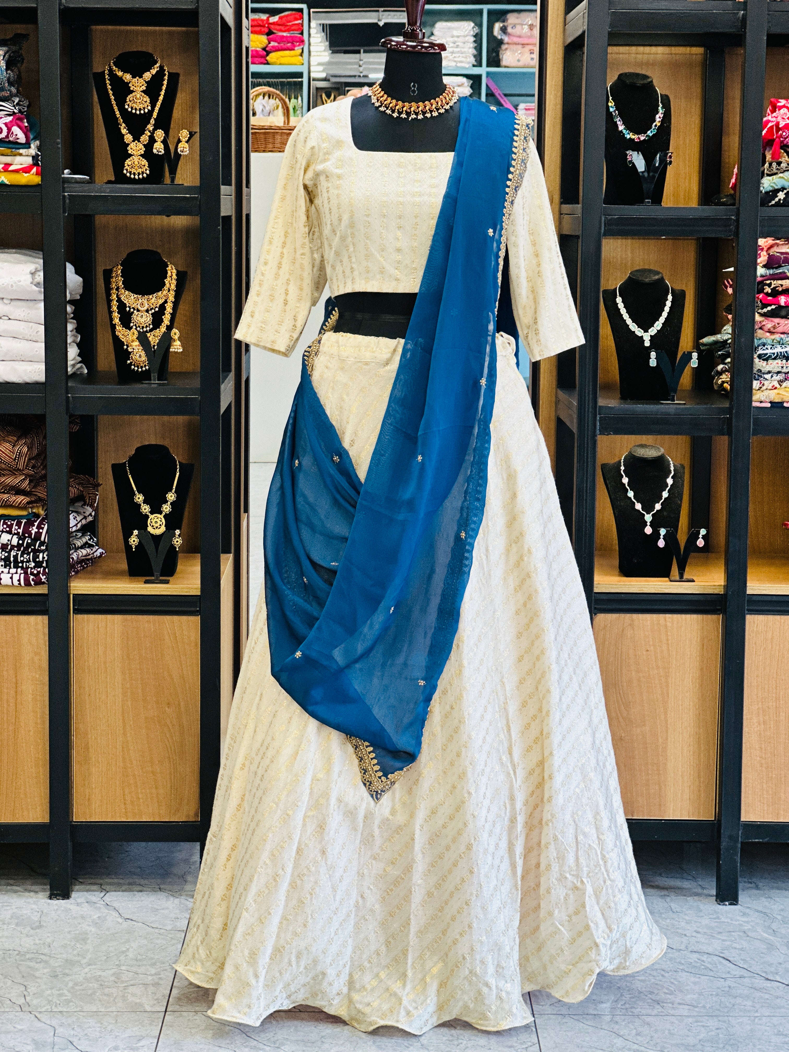 Dhavani Set With Teal Blue Shawl