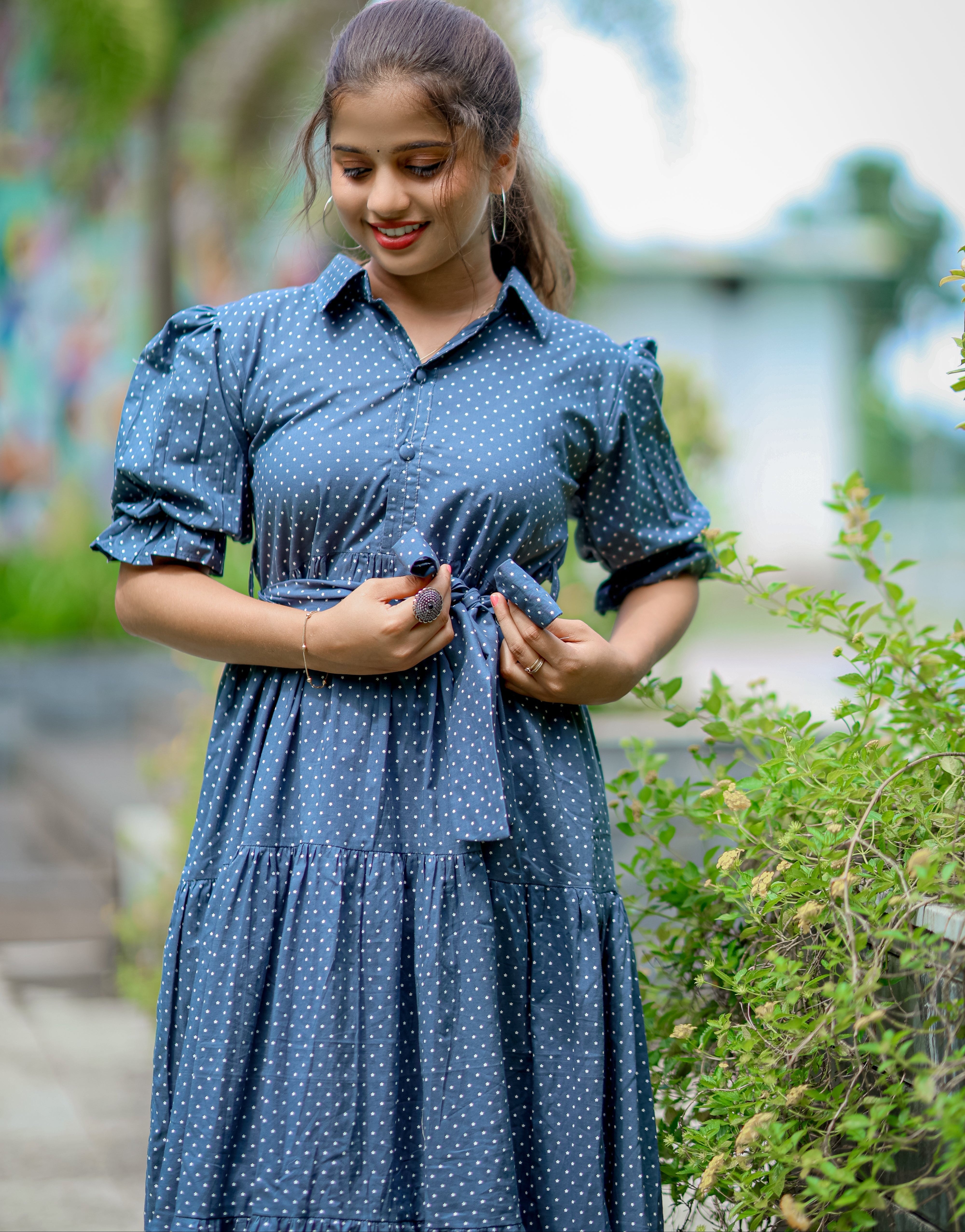 Sky Themed Three Tier dress with belt and Balloon Sleeve