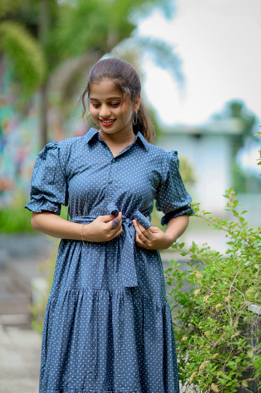 Sky Themed Three Tier dress with belt and Balloon Sleeve