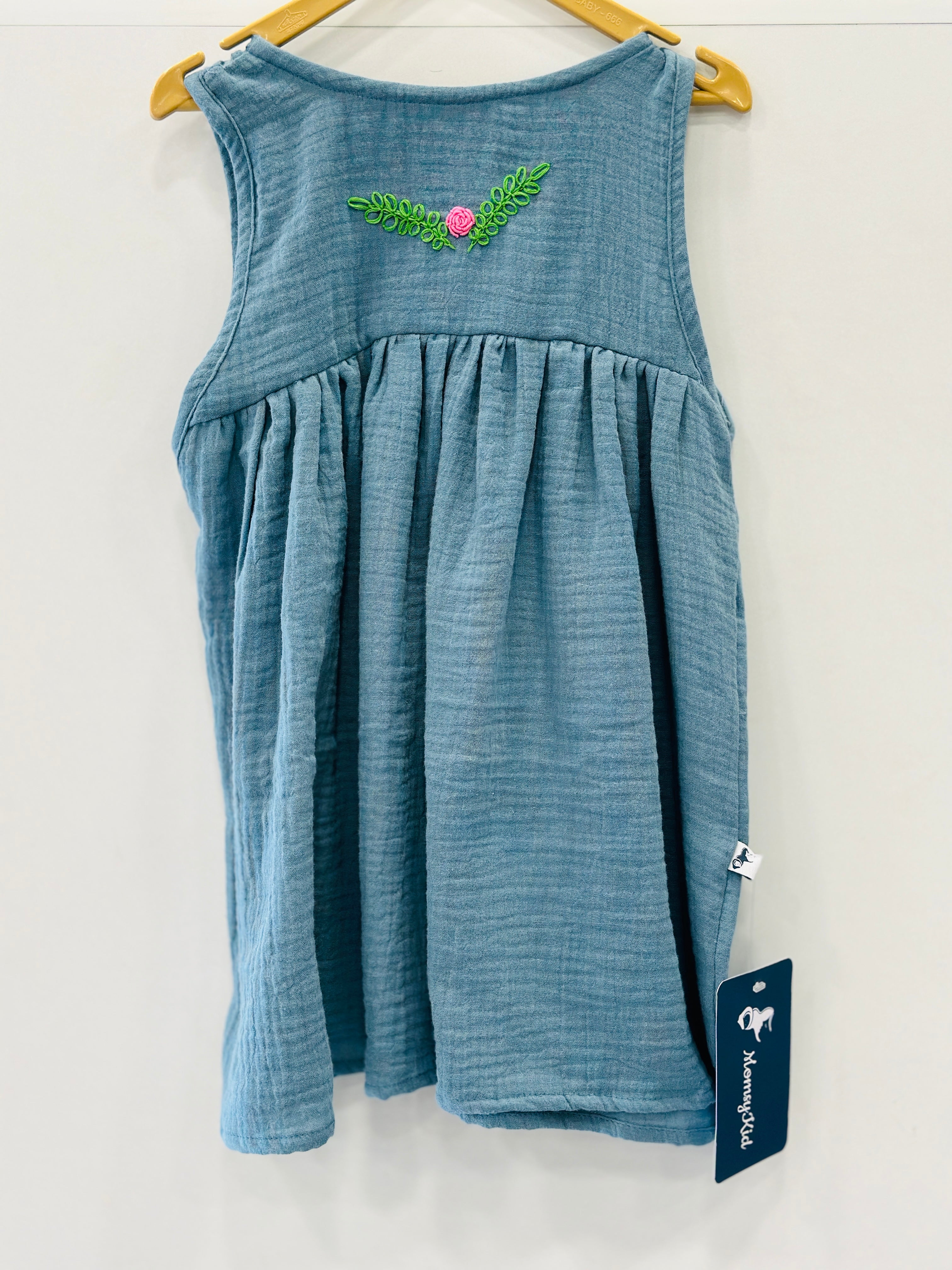 Muslin Ash Blue Hand Embroidery Frock (2-3Years) | MK-GW-1009