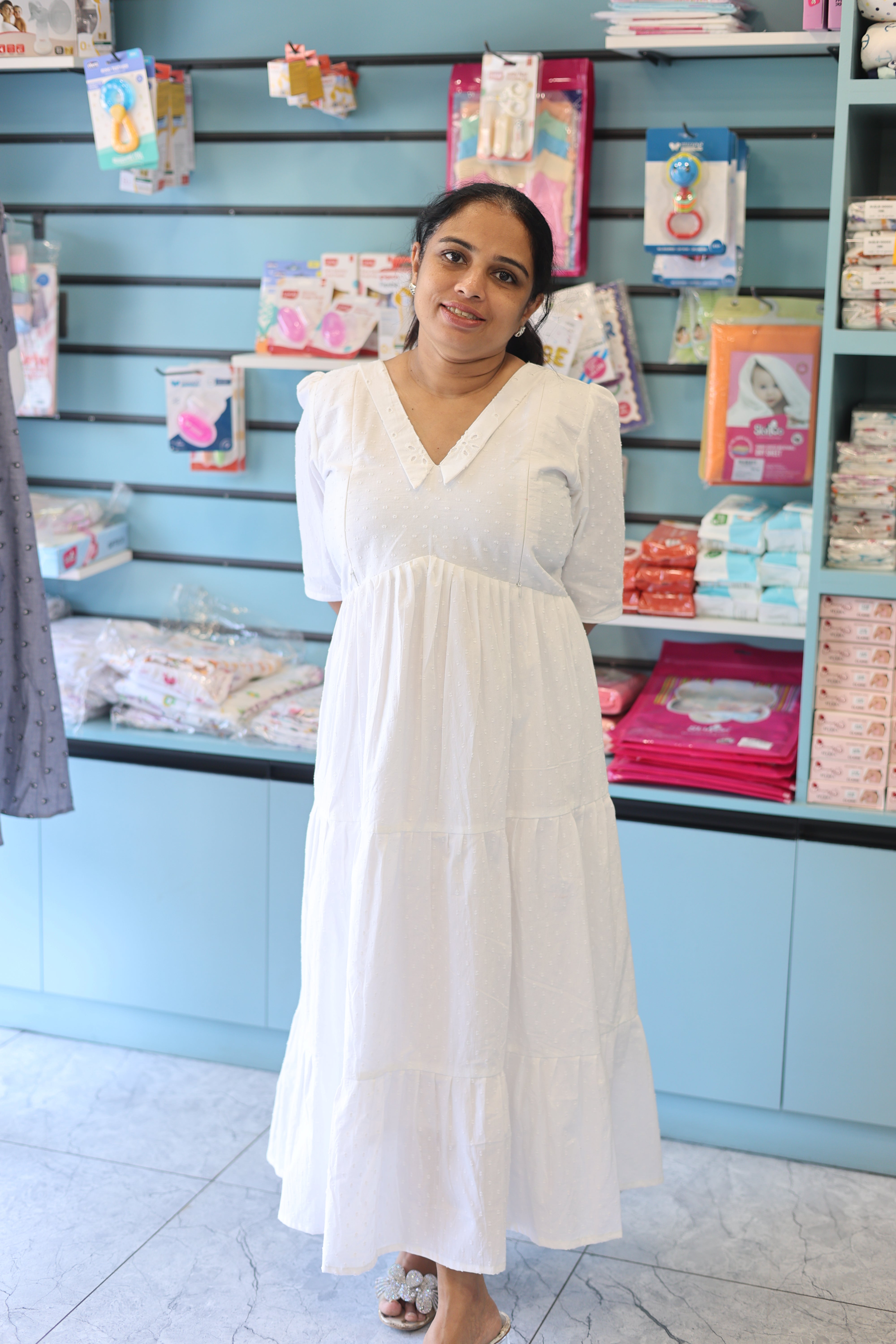 WHITE 3 TEIRED FLARED COTTON DRESS | MATERNITY DRESS| FEEDING DRESS| MK-MW-1078