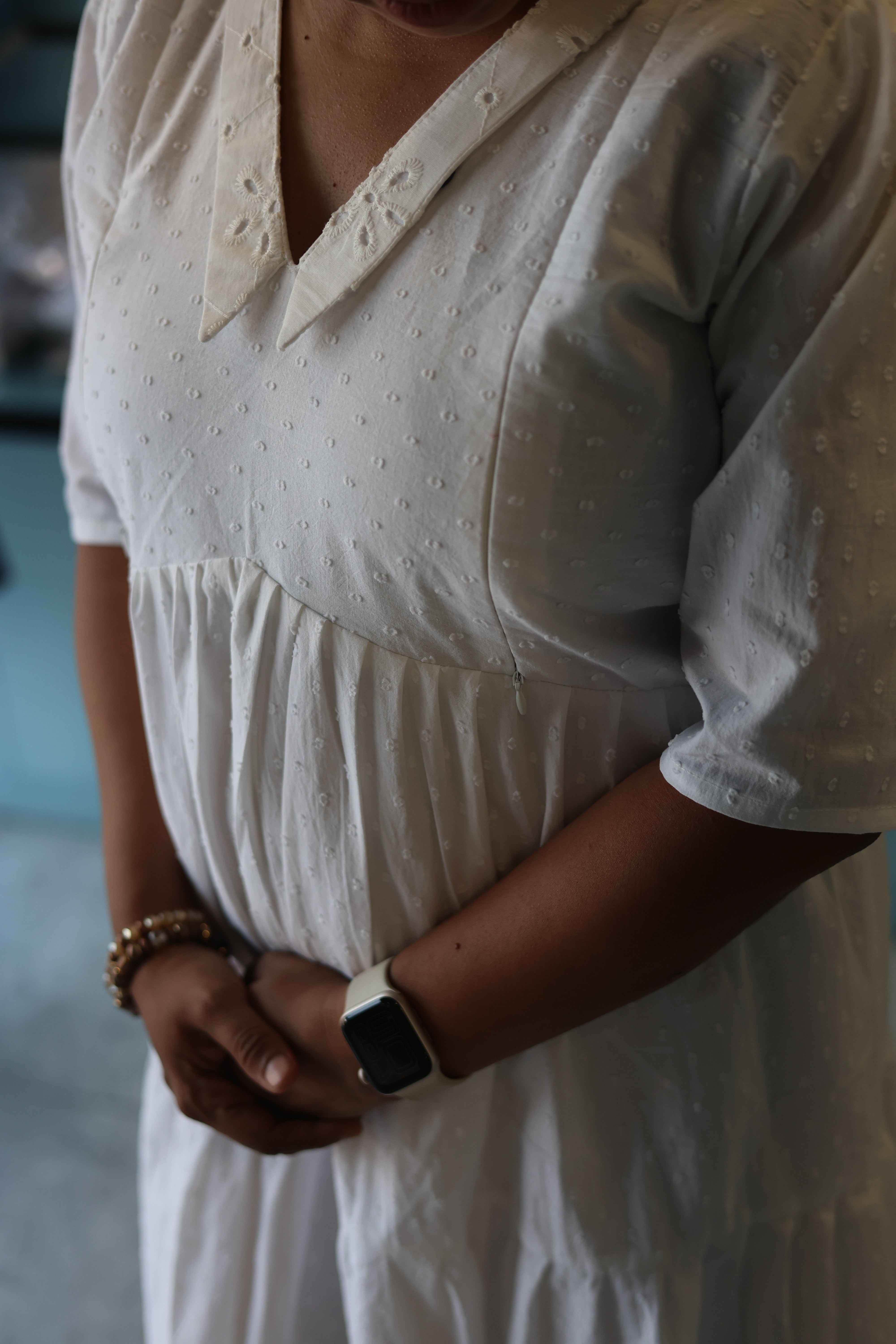 WHITE 3 TEIRED FLARED COTTON DRESS | MATERNITY DRESS| FEEDING DRESS| MK-MW-1078