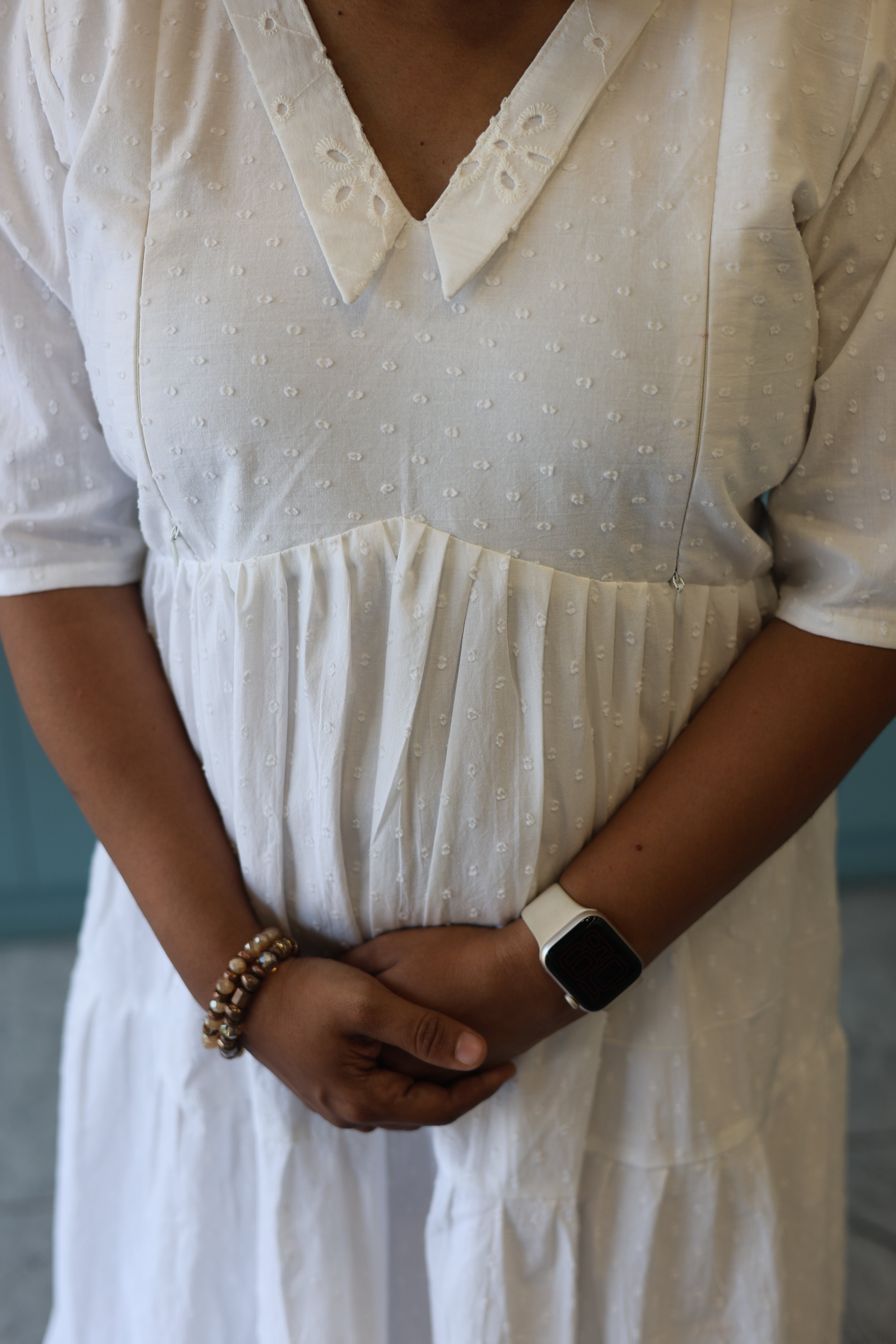 WHITE 3 TEIRED FLARED COTTON DRESS | MATERNITY DRESS| FEEDING DRESS| MK-MW-1078