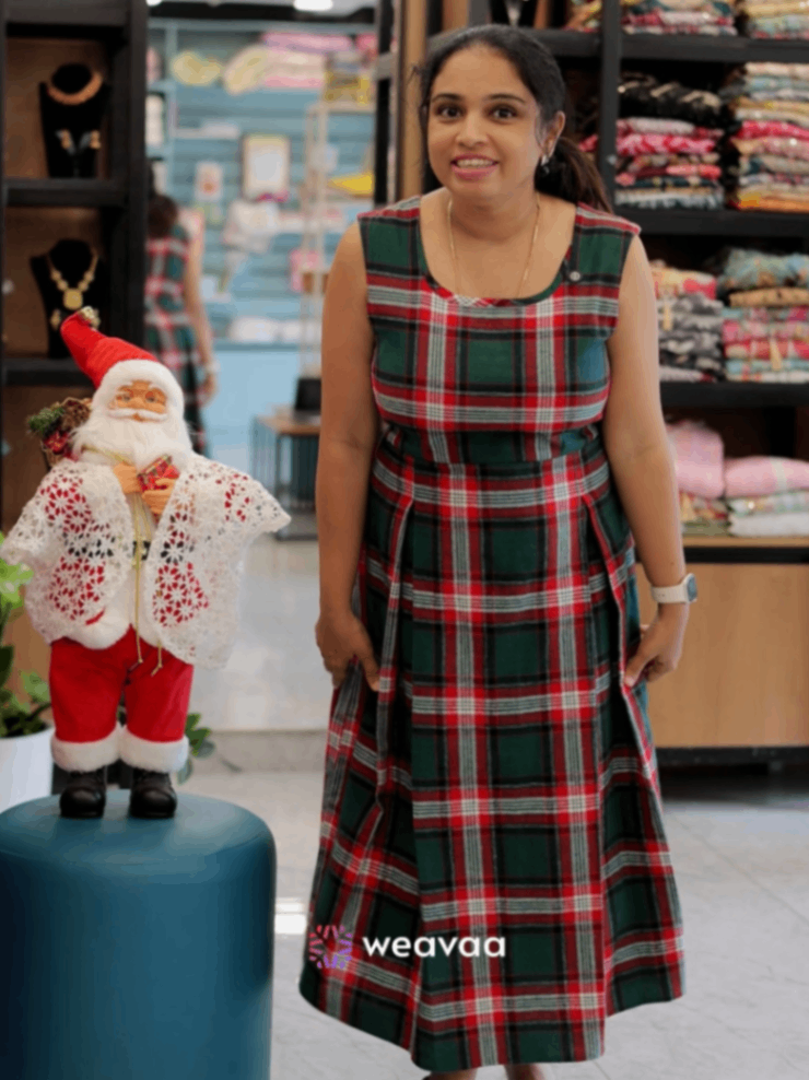 GREEN CHECK BOX PLEATED FROCK  | WA-EW-1045