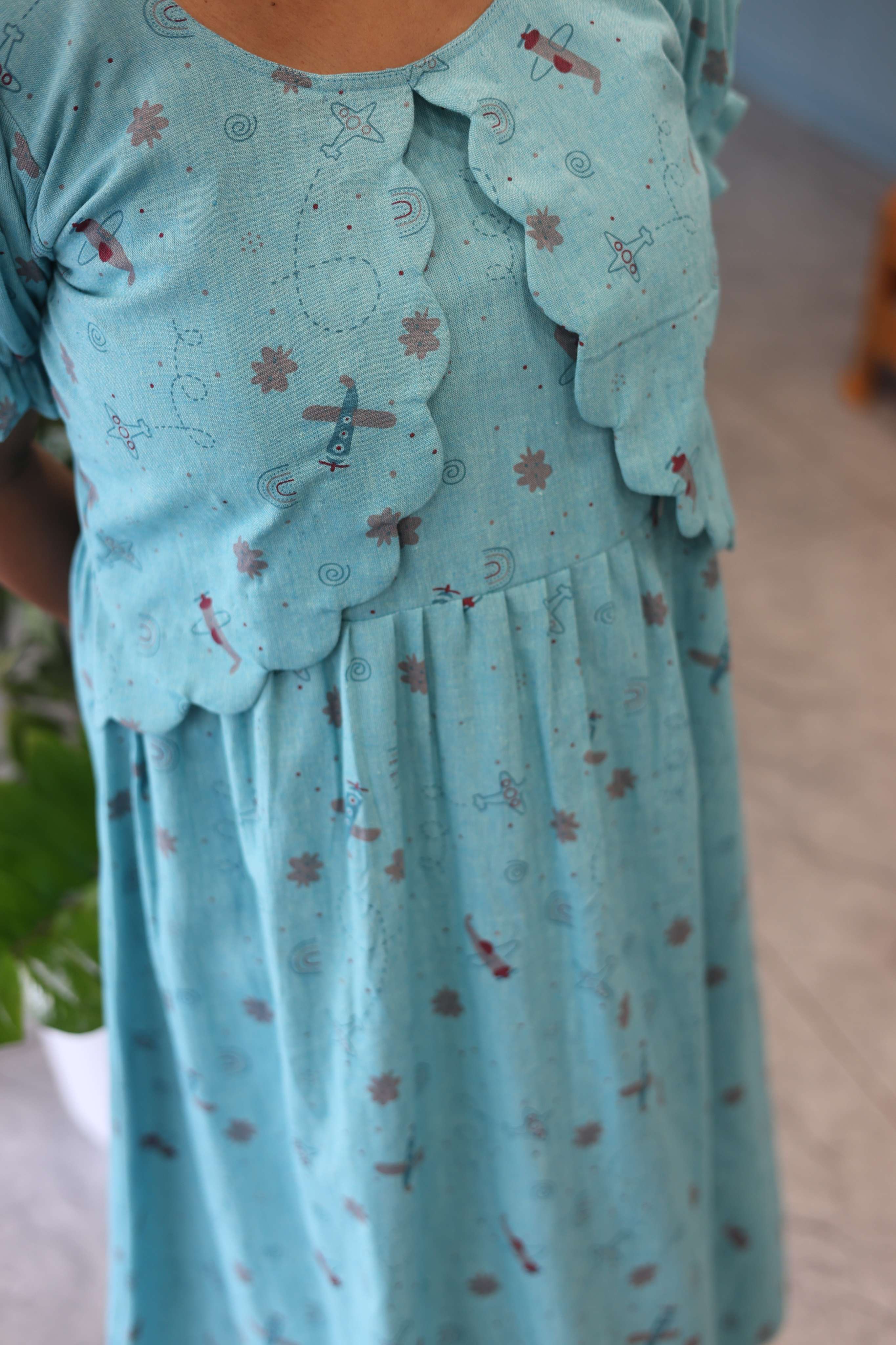 LIGHT BLUE FROCK DRESS WITH SCALLOPED OVERCOAT| Designer Maternity Wear | Soft Cotton Fabric | Comfortable Pregnancy Outfit| MK-MW-1064