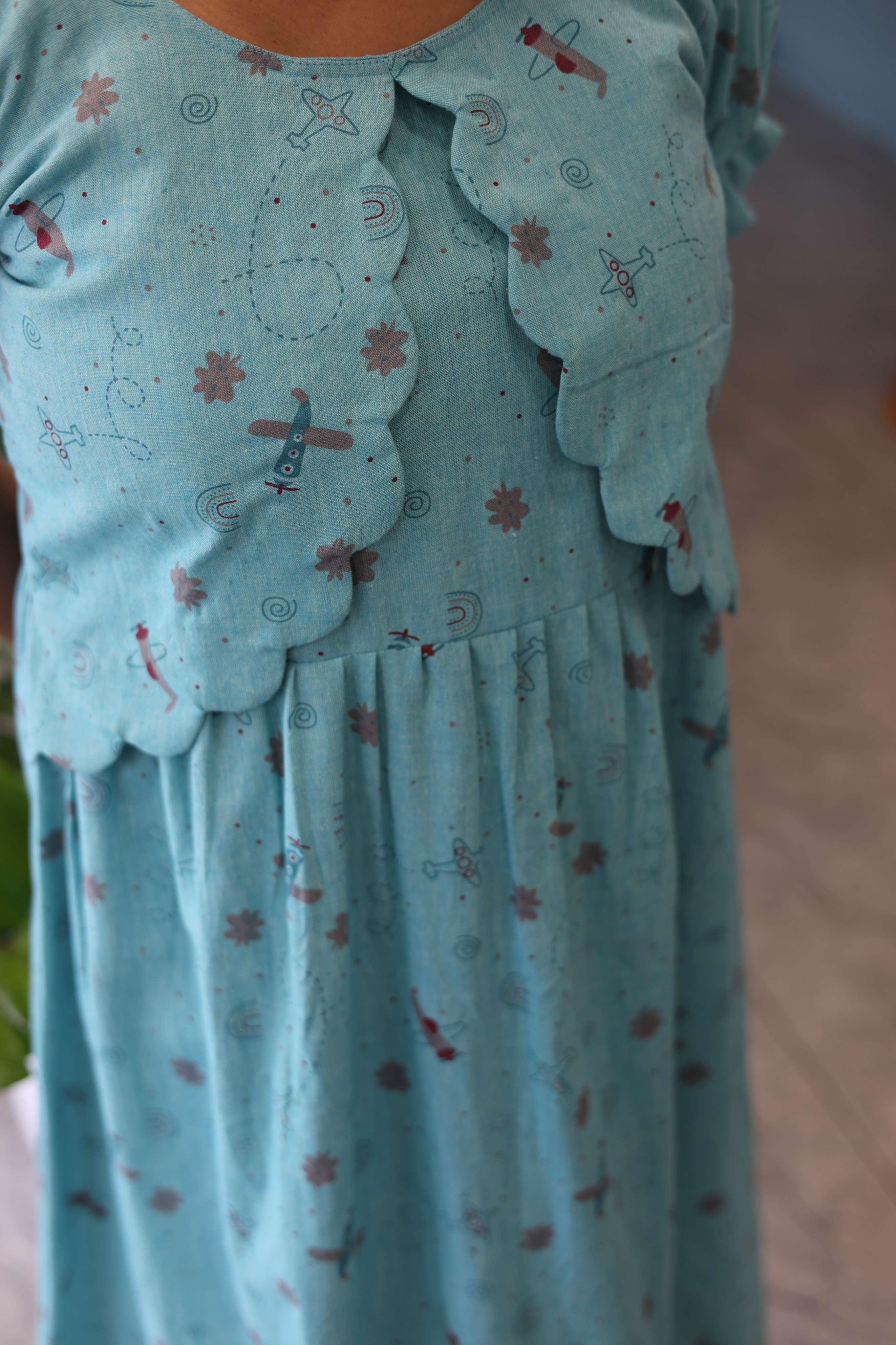 LIGHT BLUE FROCK DRESS WITH SCALLOPED OVERCOAT| Designer Maternity Wear | Soft Cotton Fabric | Comfortable Pregnancy Outfit| MK-MW-1064