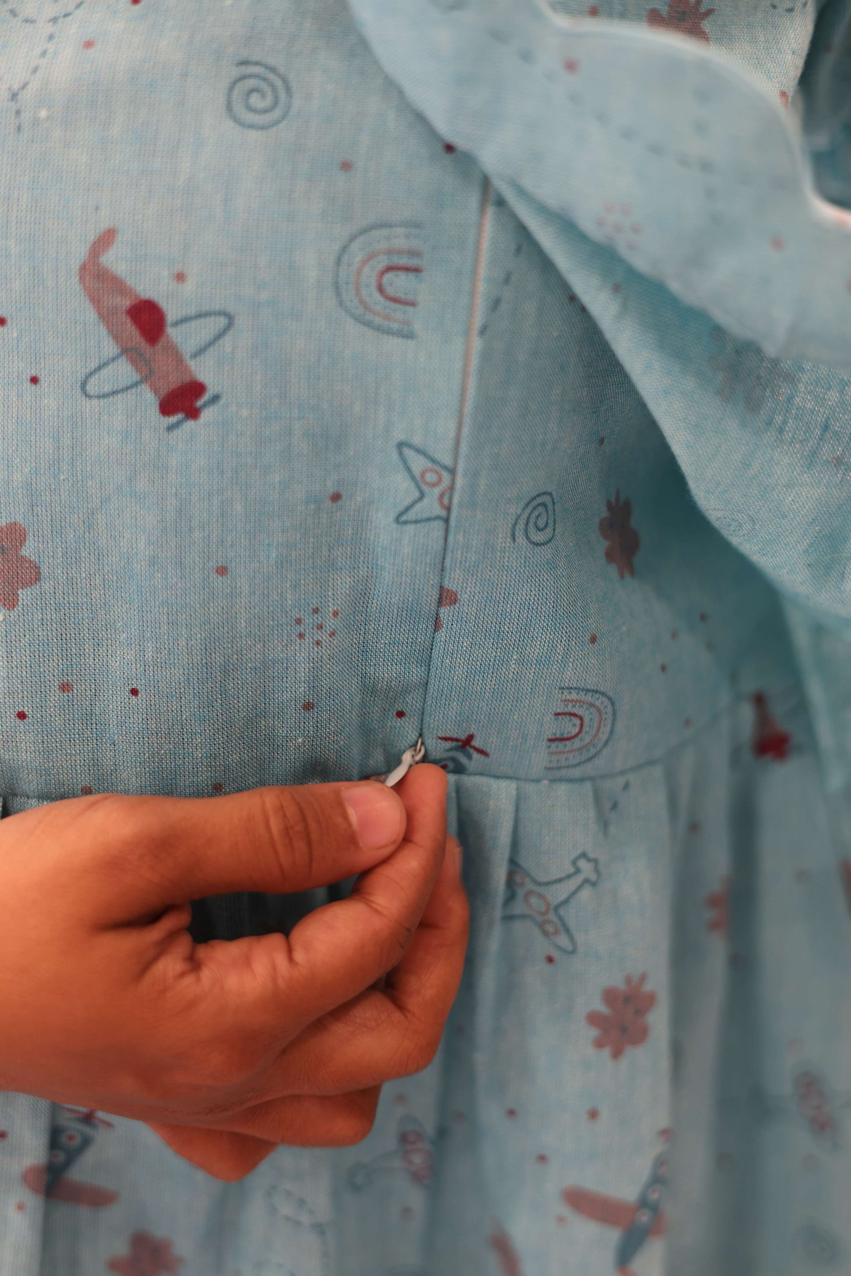 LIGHT BLUE FROCK DRESS WITH SCALLOPED OVERCOAT| Designer Maternity Wear | Soft Cotton Fabric | Comfortable Pregnancy Outfit| MK-MW-1064