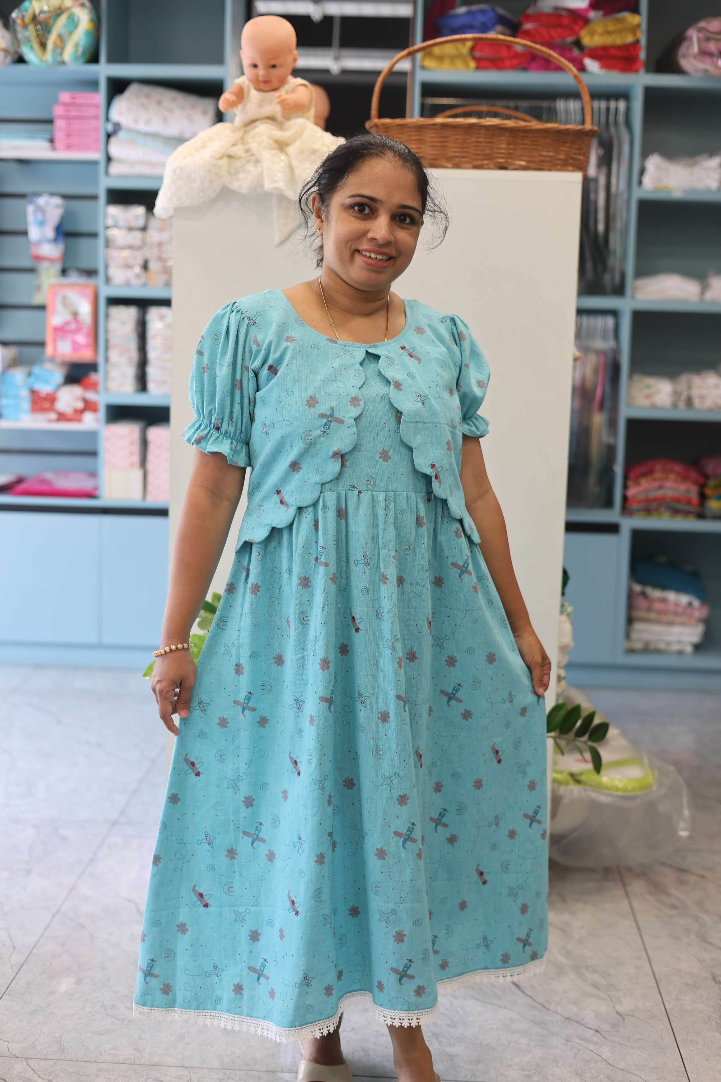 LIGHT BLUE FROCK DRESS WITH SCALLOPED OVERCOAT| Designer Maternity Wear | Soft Cotton Fabric | Comfortable Pregnancy Outfit| MK-MW-1064