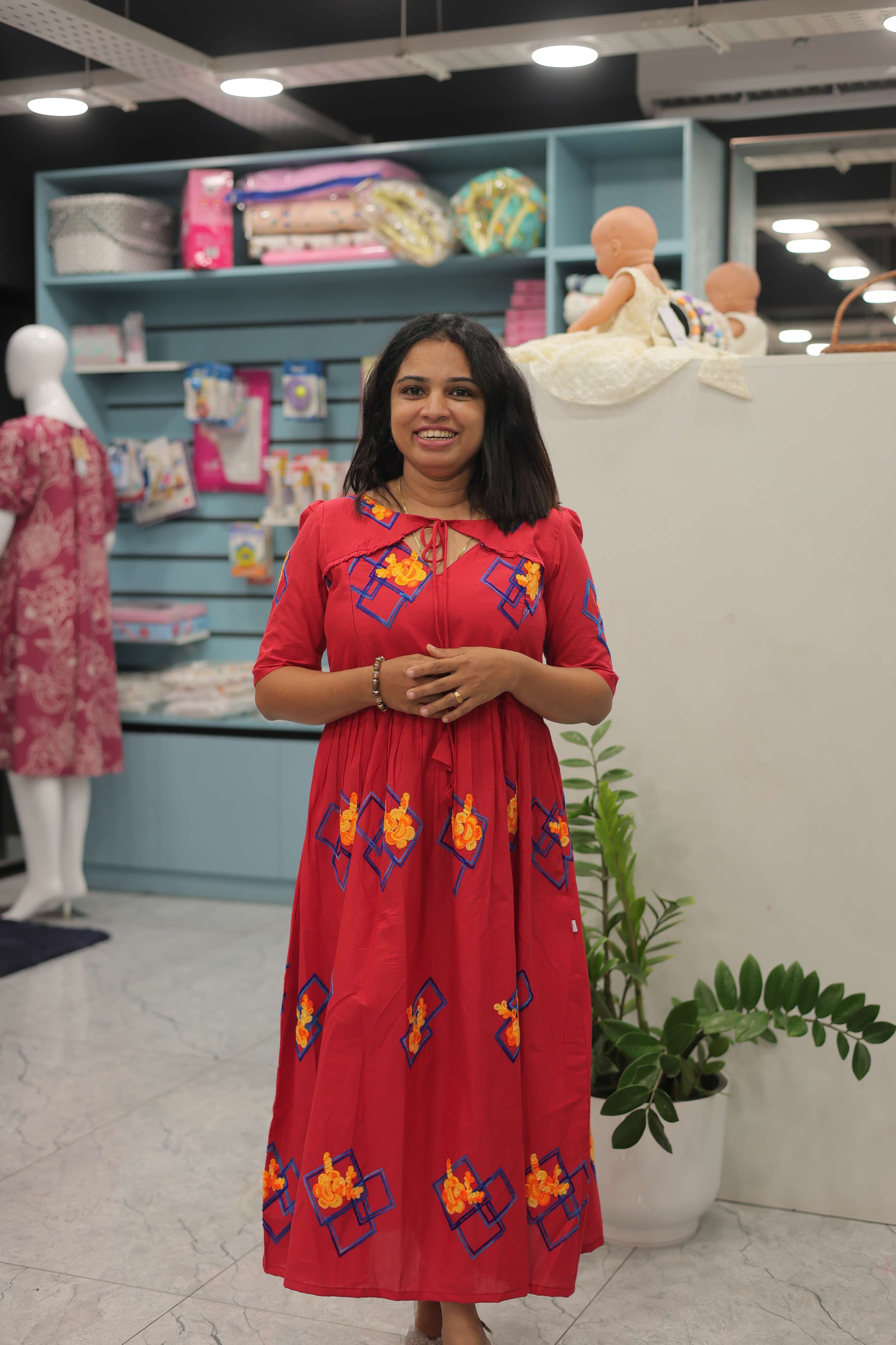 RED MATERNITY DRESS WITH EMBRODIERY WORK | Designer Maternity Wear | Feeding Friendly Dress | Comfortable Pregnancy Outfit |MK-MW-1074