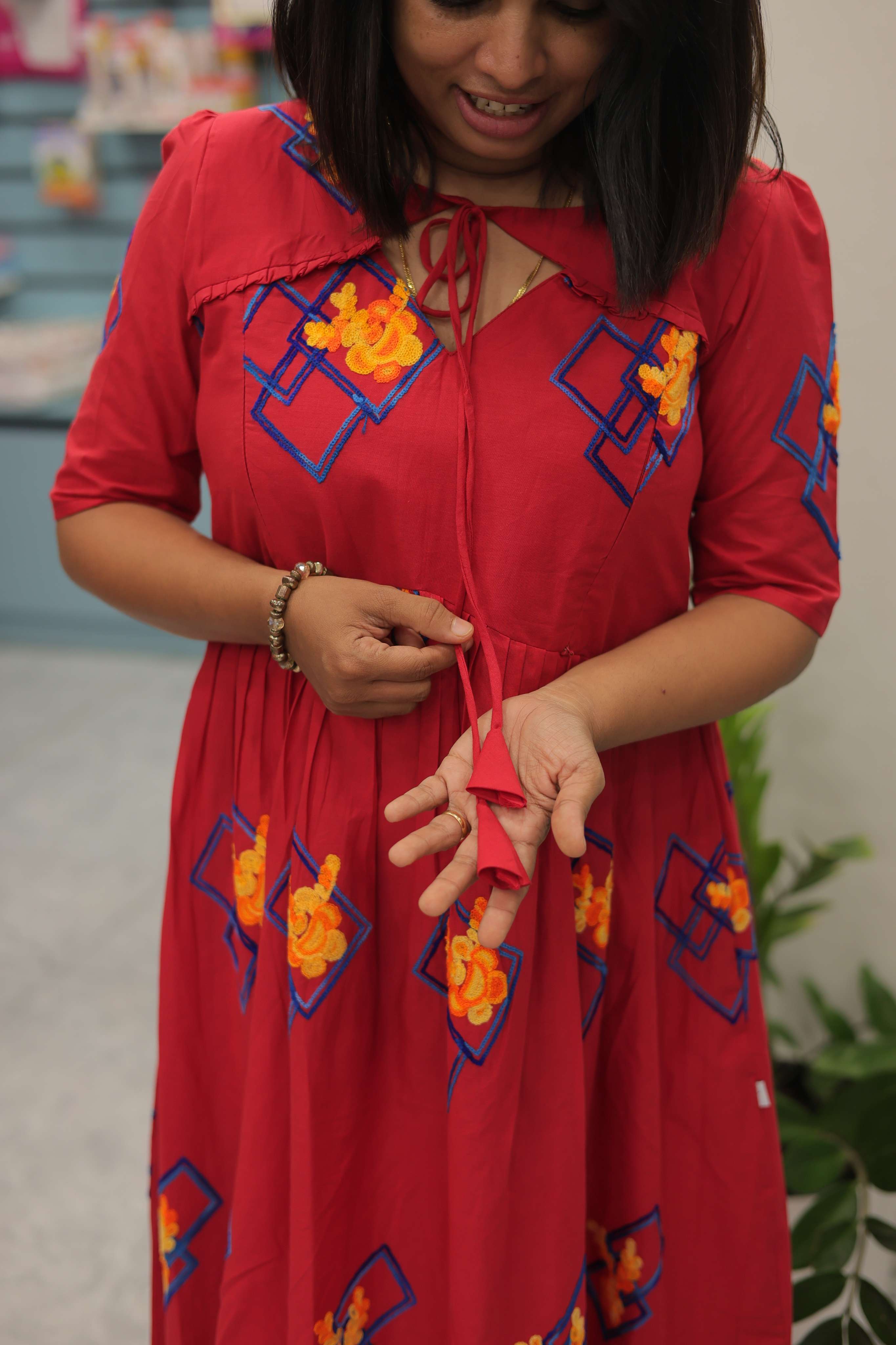 RED MATERNITY DRESS WITH EMBRODIERY WORK | Designer Maternity Wear | Feeding Friendly Dress | Comfortable Pregnancy Outfit |MK-MW-1074