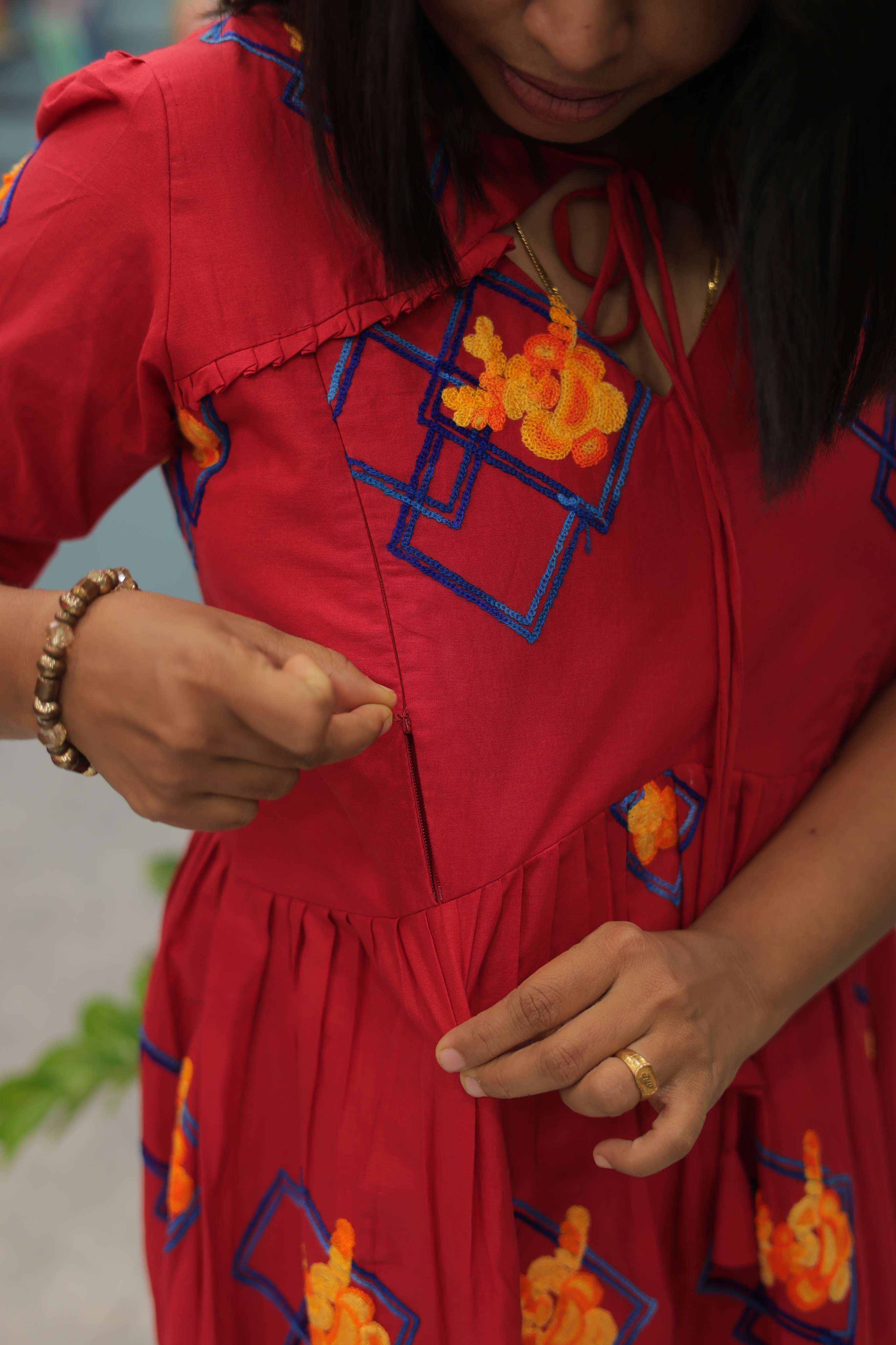 RED MATERNITY DRESS WITH EMBRODIERY WORK | Designer Maternity Wear | Feeding Friendly Dress | Comfortable Pregnancy Outfit |MK-MW-1074